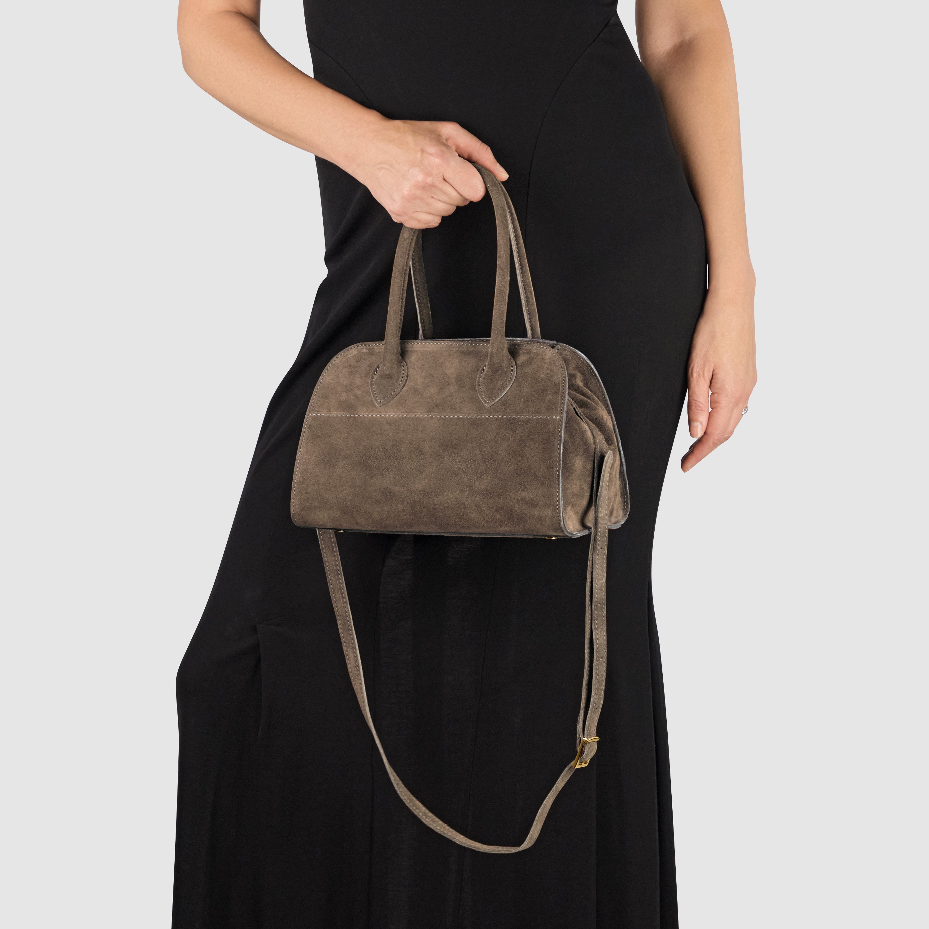Italian Genuine Suede Compact Structured Top-Handle Bag