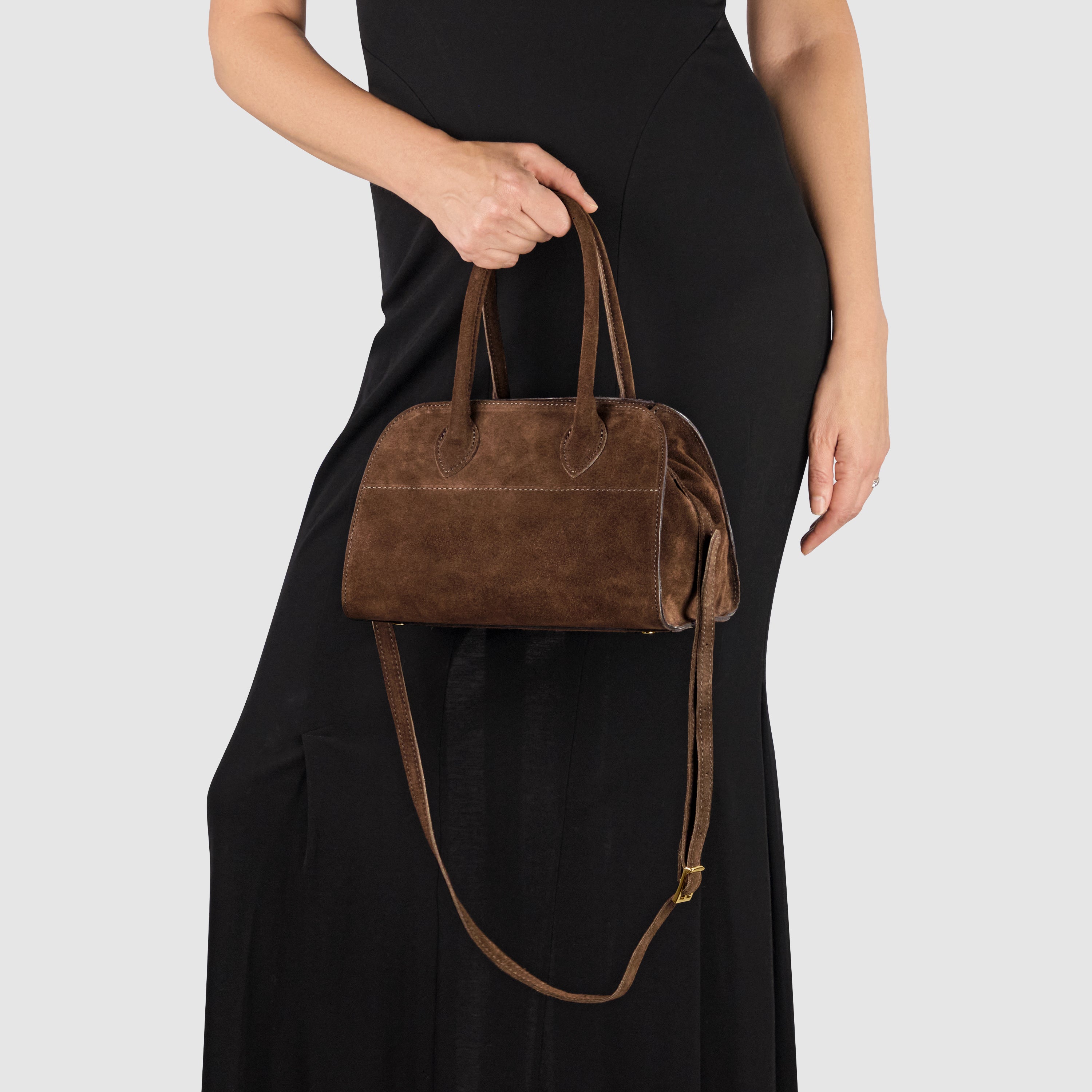 Italian Genuine Suede Compact Structured Top-Handle Bag