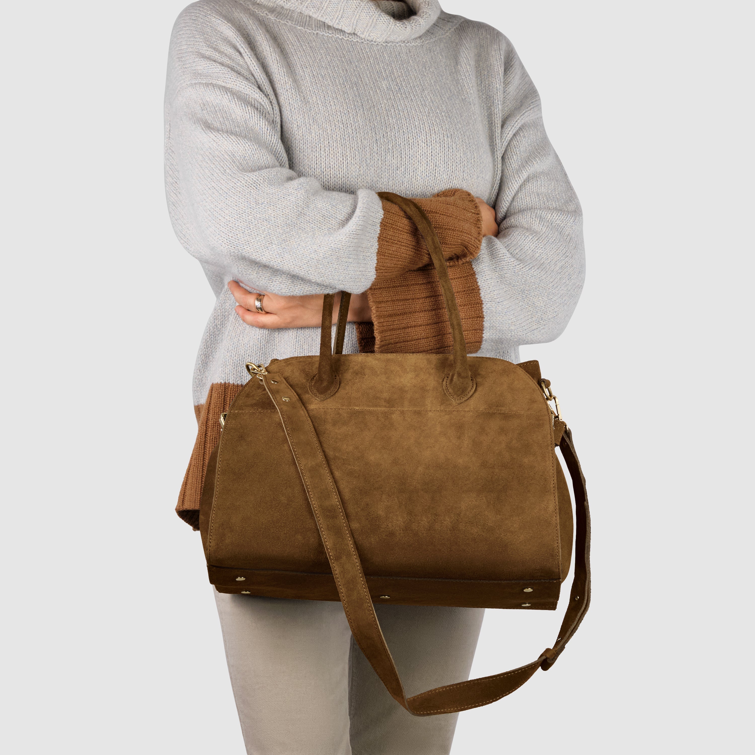 Italian Genuine Suede Top-Handle Bag with Detachable Strap