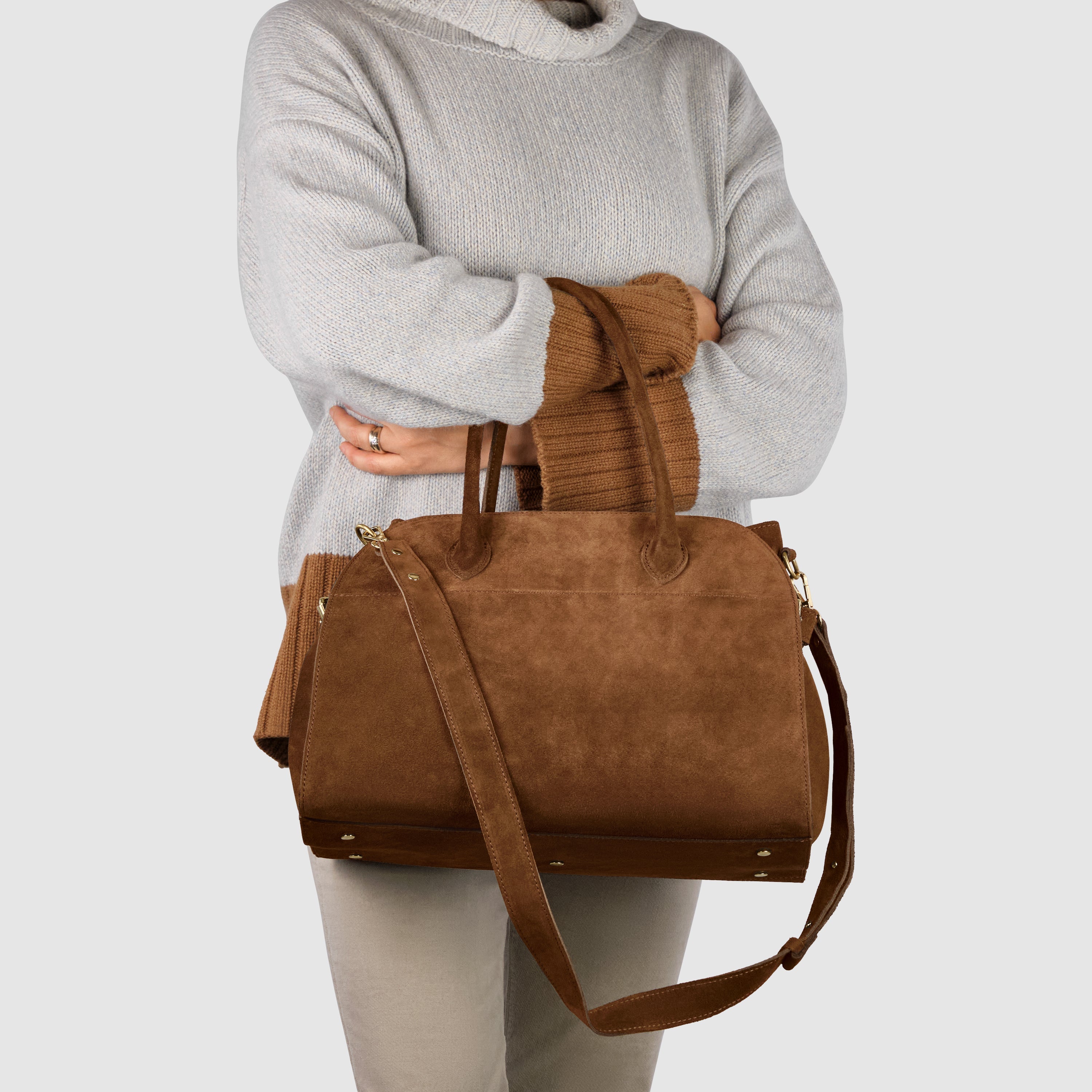 Italian Genuine Suede Top-Handle Bag with Detachable Strap