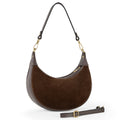 Brown genuine Italian suede and calf leather crescent shoulder bag with adjustable crossbody strap