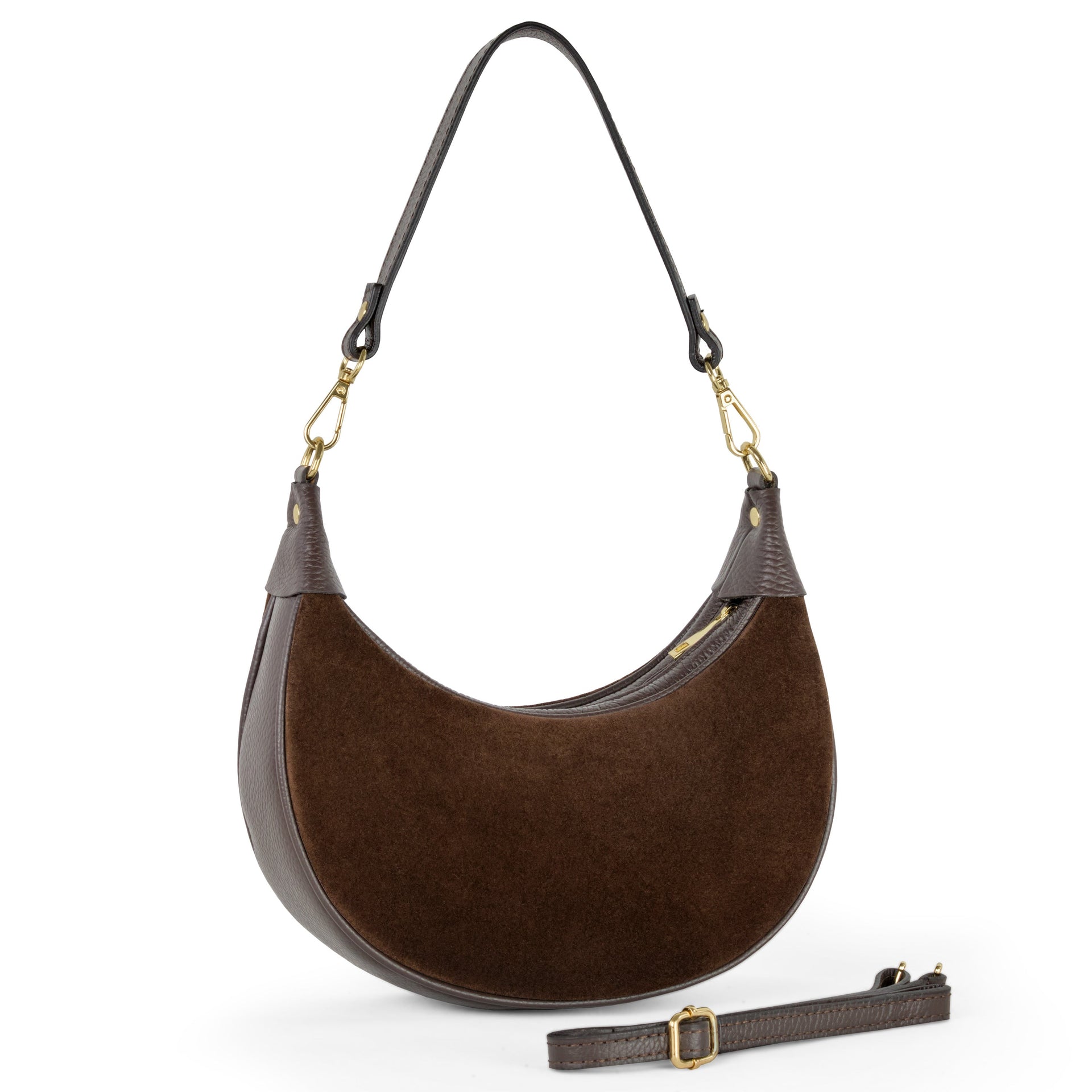 Brown genuine Italian suede and calf leather crescent shoulder bag with adjustable crossbody strap