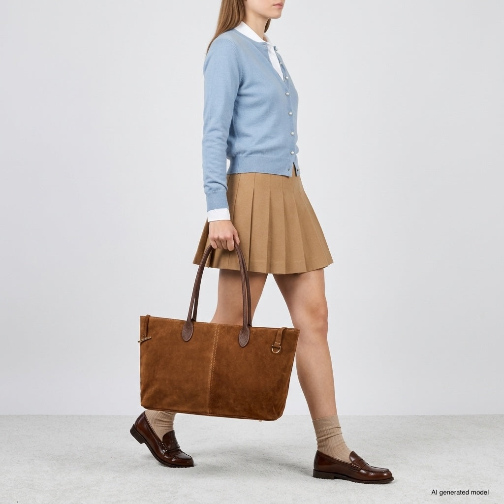 Large Italian Genuine Suede Carryall Tote Bag