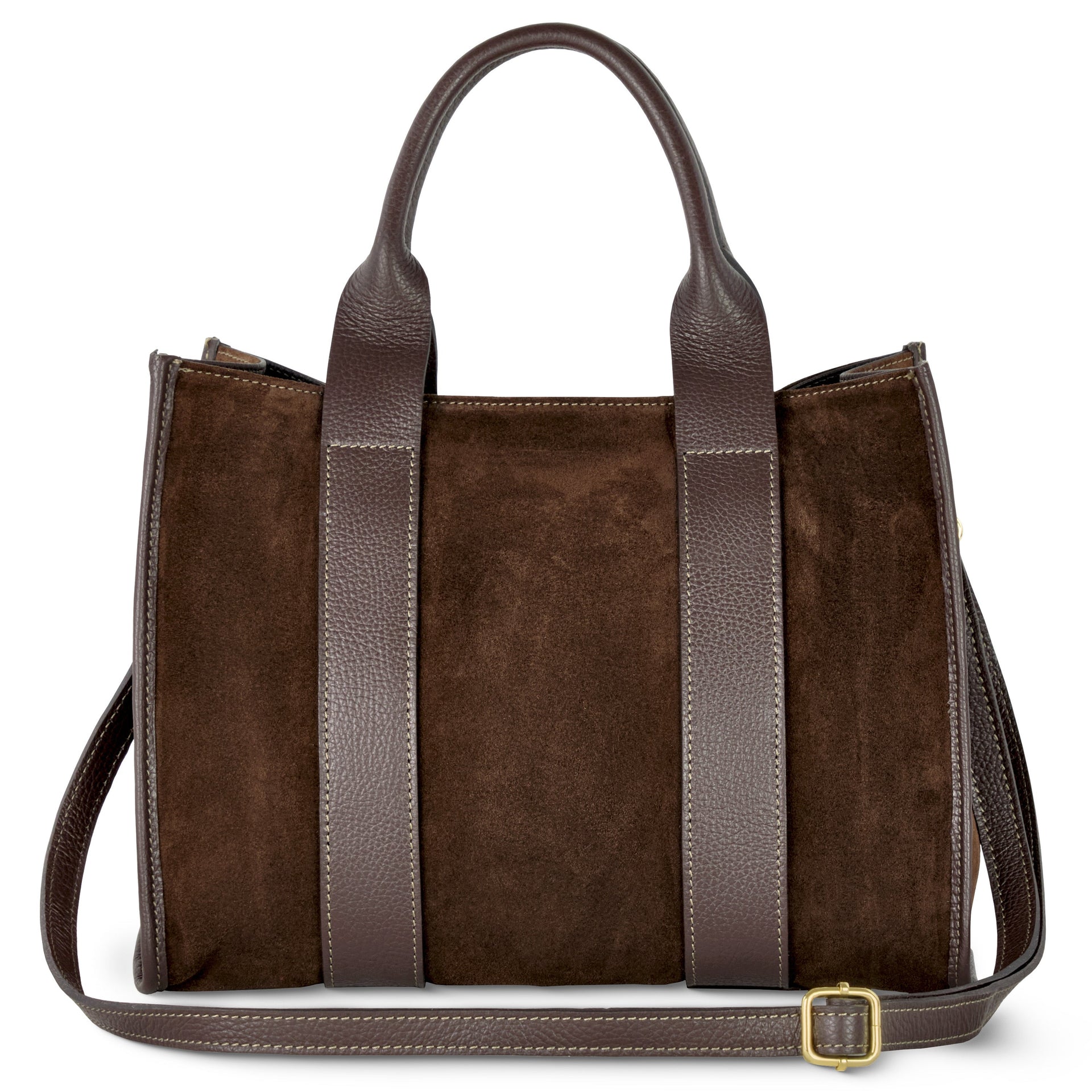 Dark brown structured Italian suede tote bag with leather accents and top handles.