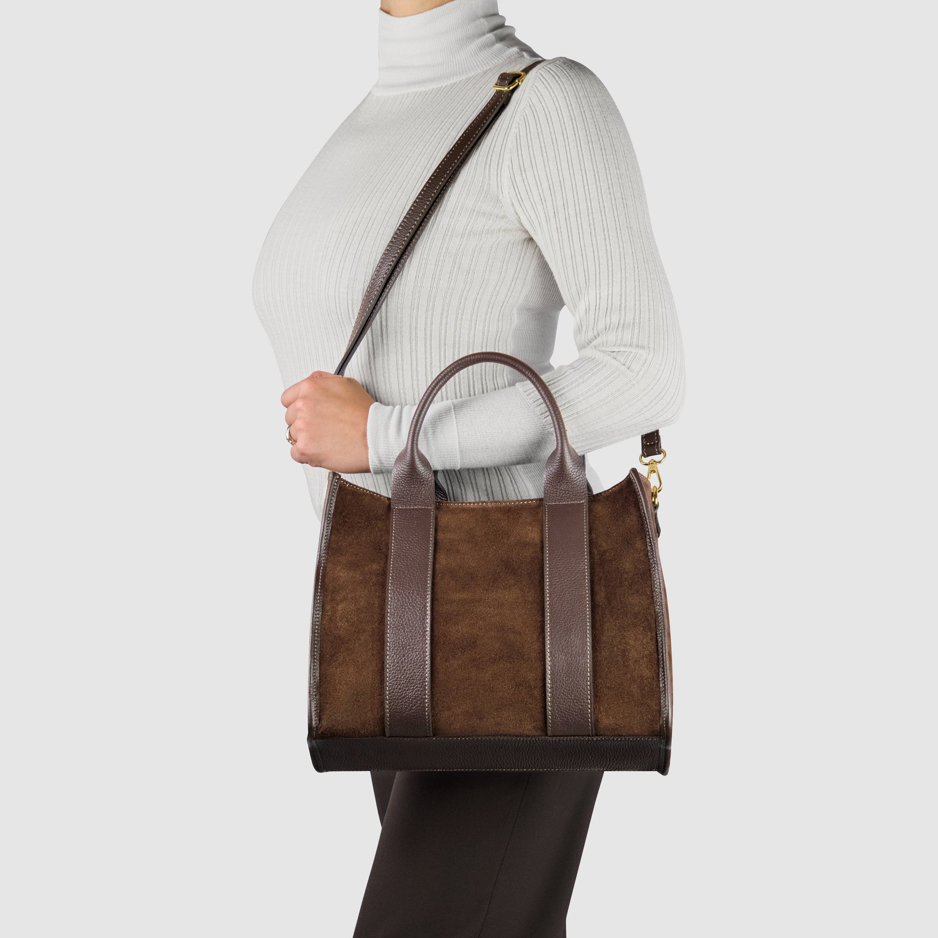 Italian Genuine Suede Dark Brown Structured Tote Bag