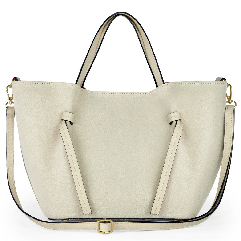Spacious Italian genuine suede tote bag with top handles and interior pouch.