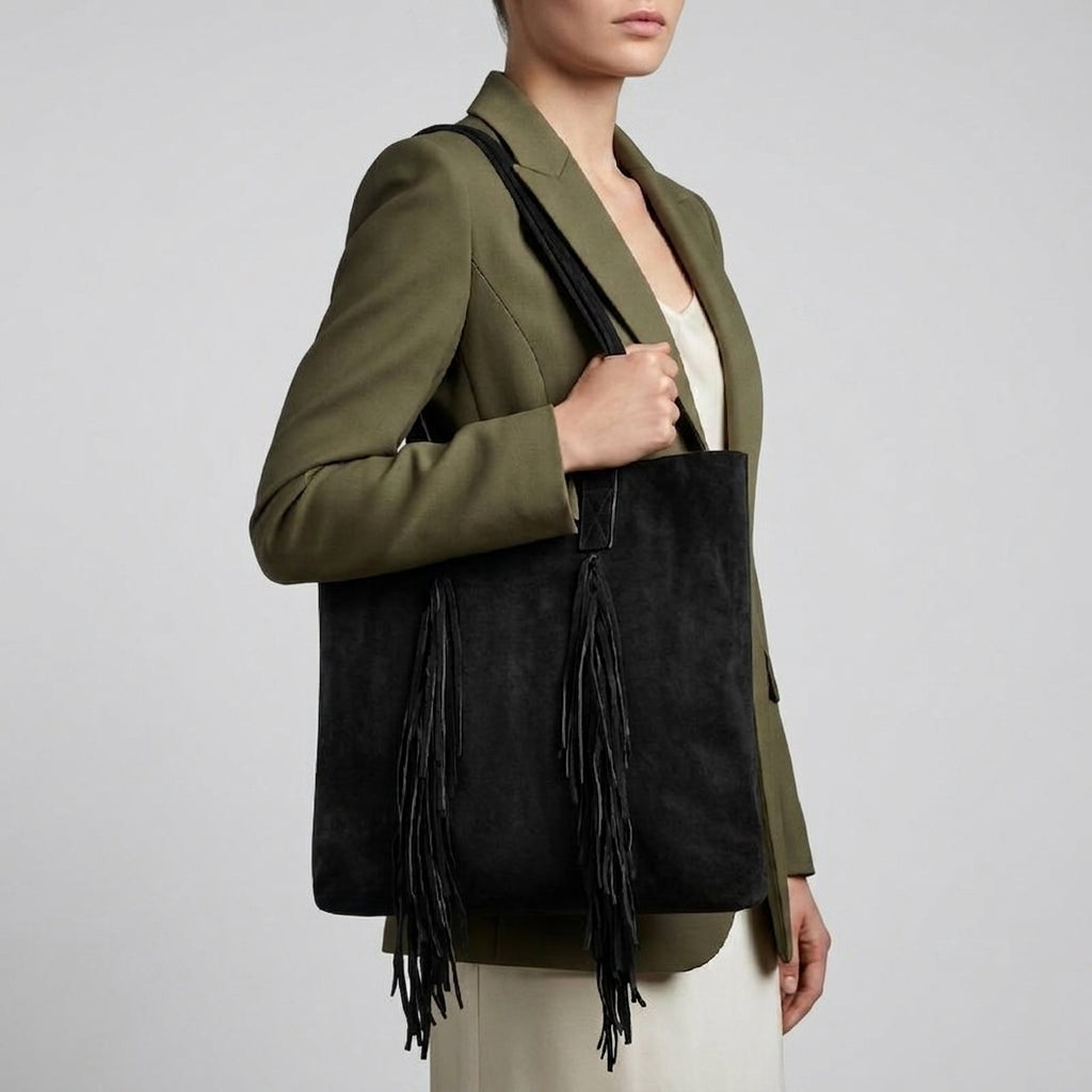 Italian Genuine Suede Fringe Tote Bag in Brown - Bohemian Carryall