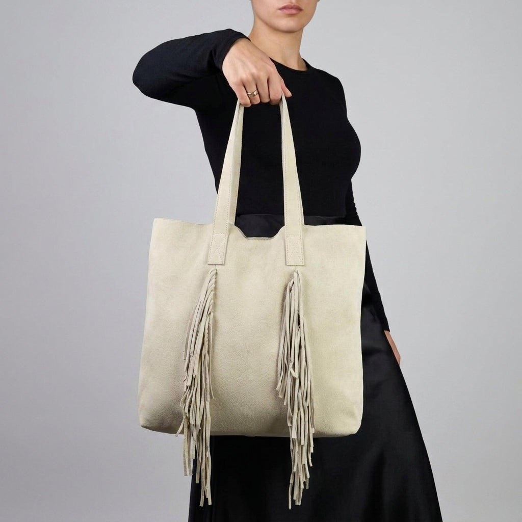 Italian Genuine Suede Fringe Tote Bag in Brown - Bohemian Carryall