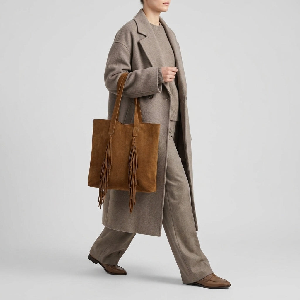 Italian Genuine Suede Fringe Tote Bag in Brown - Bohemian Carryall