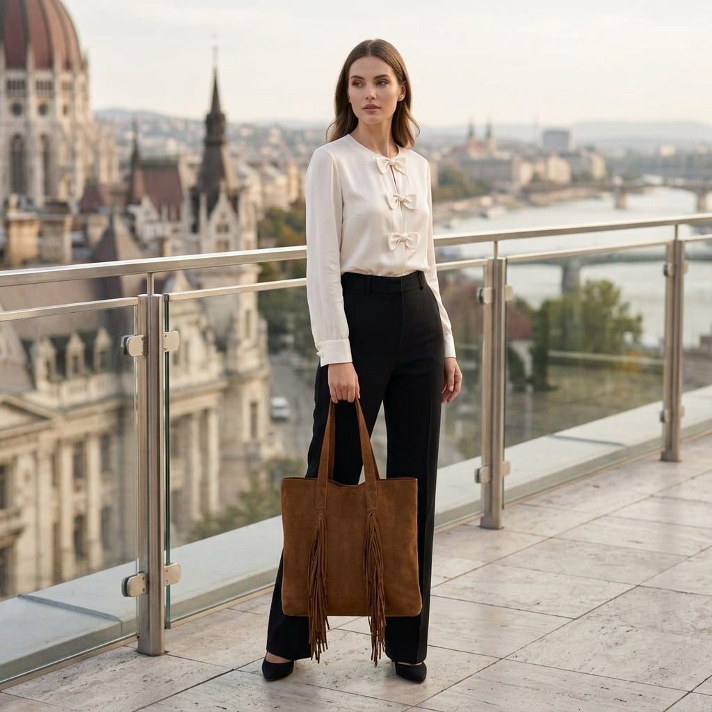 Italian Genuine Suede Fringe Tote Bag in Brown - Bohemian Carryall