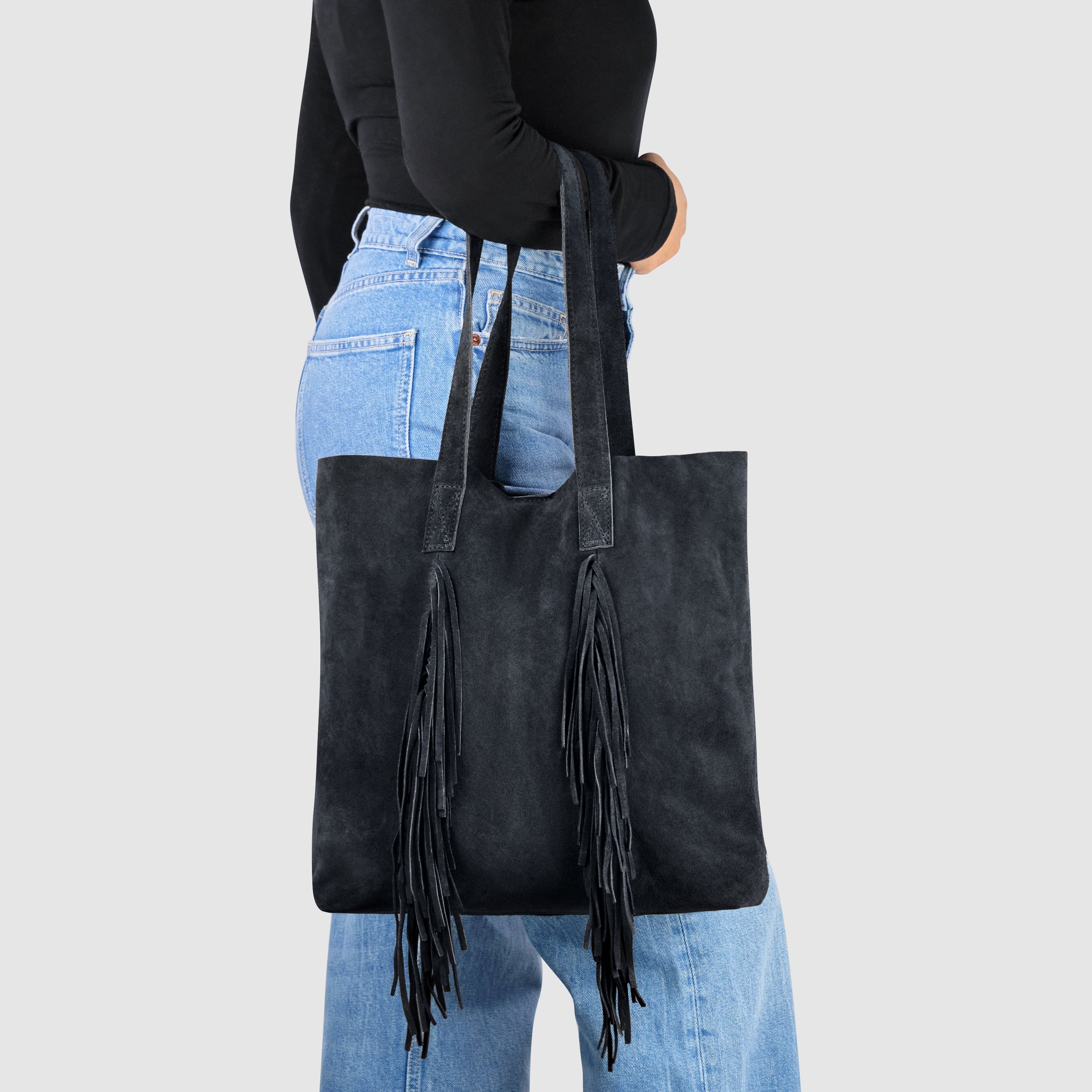 Italian Genuine Suede Fringe Tote Bag in Brown - Bohemian Carryall