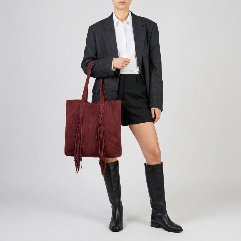 Italian Genuine Suede Fringe Tote Bag in Brown - Bohemian Carryall