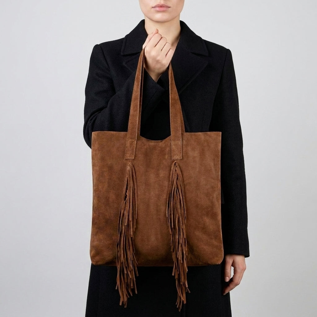 Italian Genuine Suede Fringe Tote Bag in Brown - Bohemian Carryall