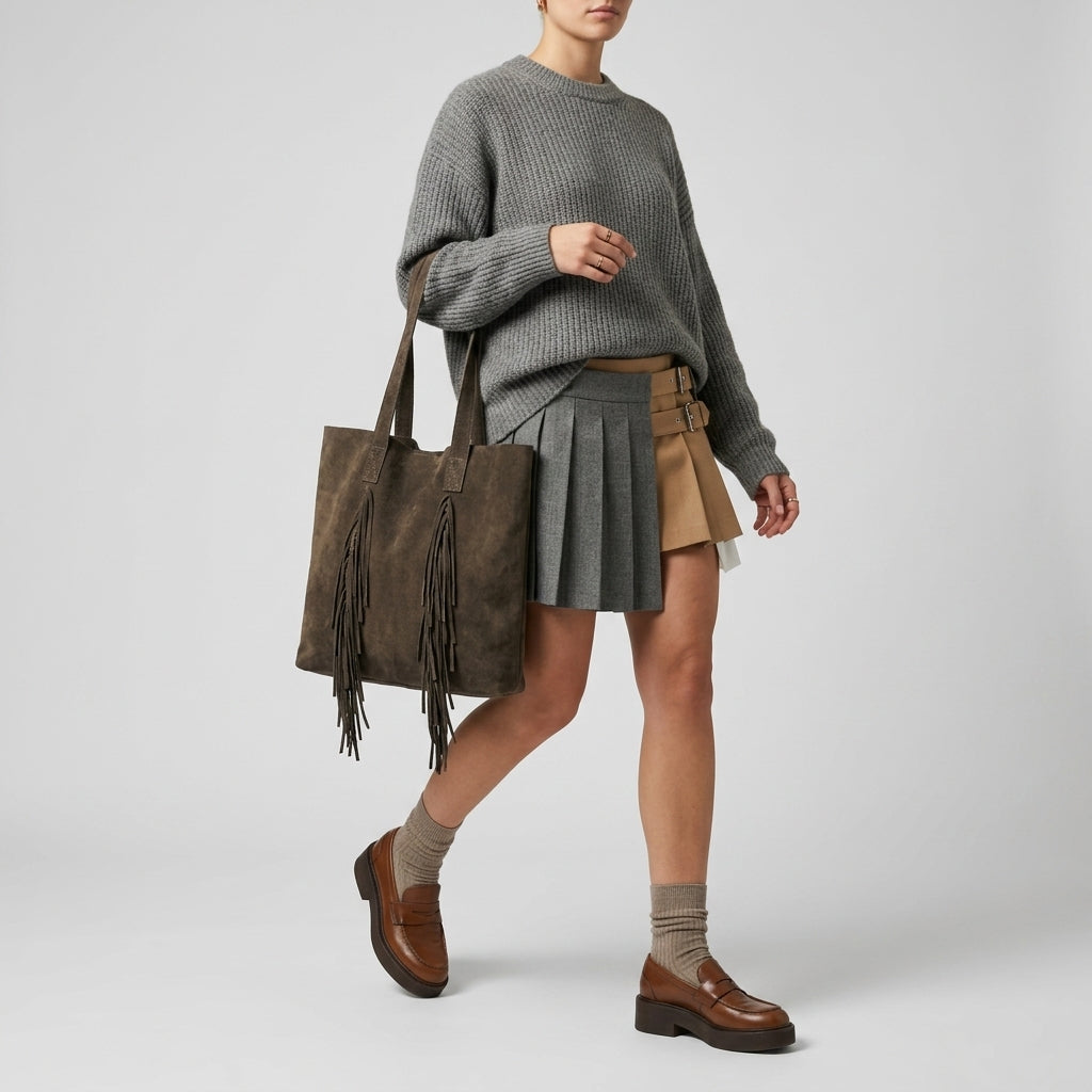 Italian Genuine Suede Fringe Tote Bag in Brown - Bohemian Carryall