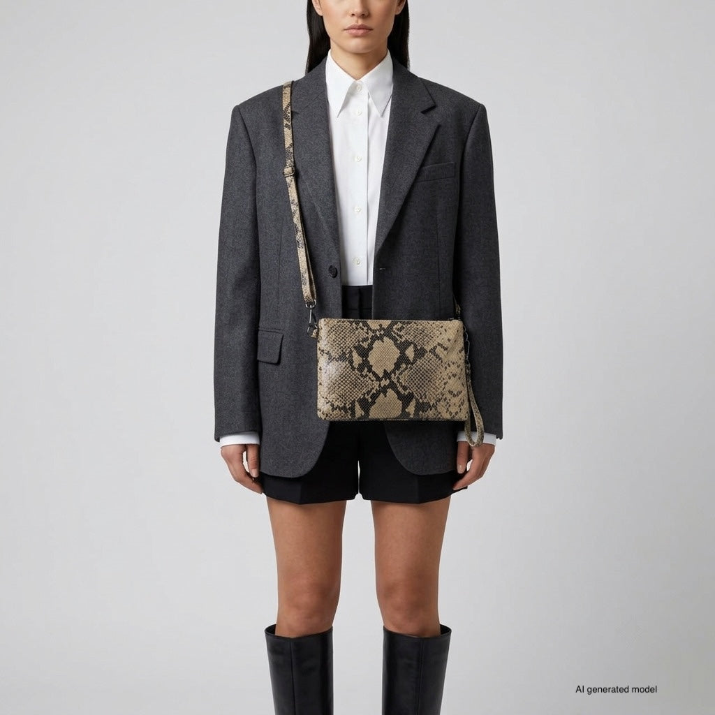Italian Genuine Python-Print Suede Crossbody Wristlet