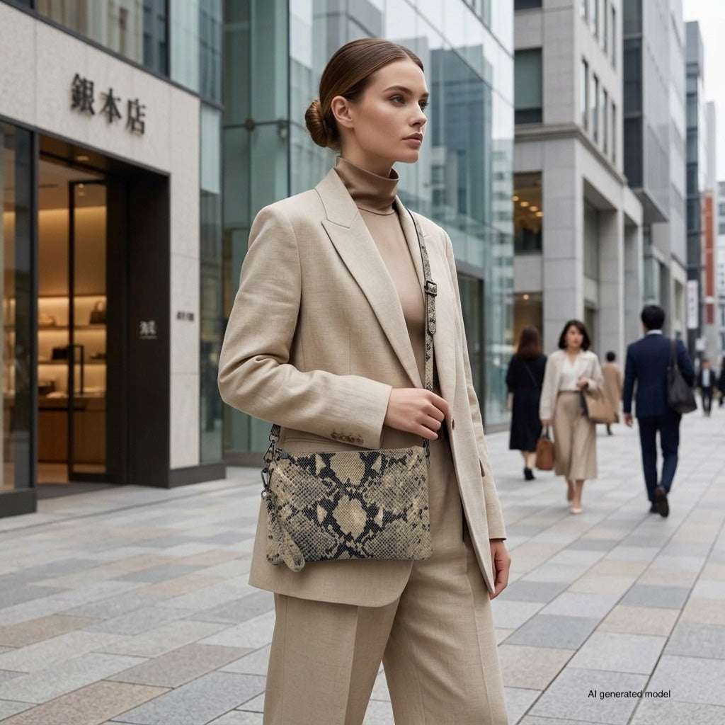 Italian Genuine Python-Print Suede Crossbody Wristlet