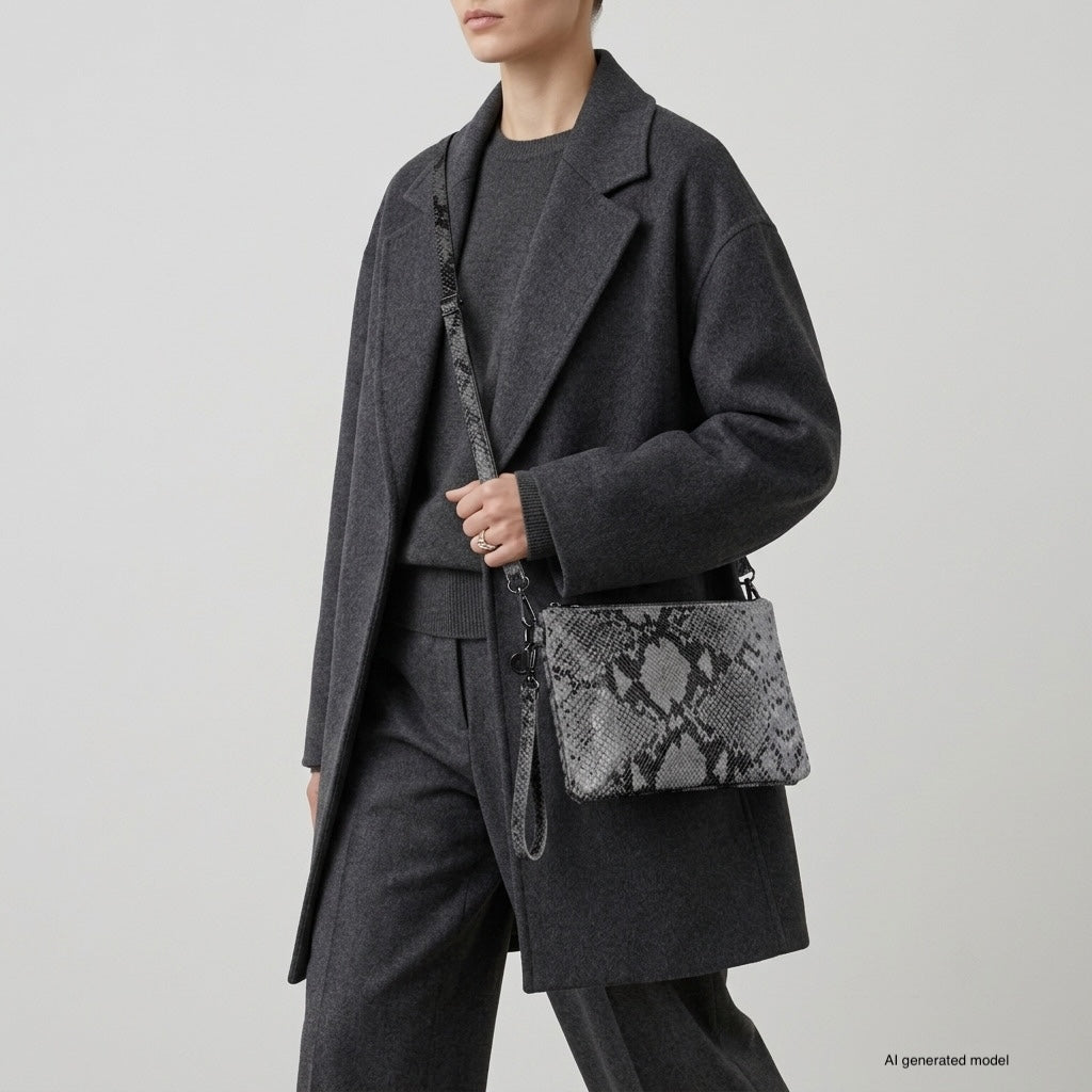 Italian Genuine Python-Print Suede Crossbody Wristlet