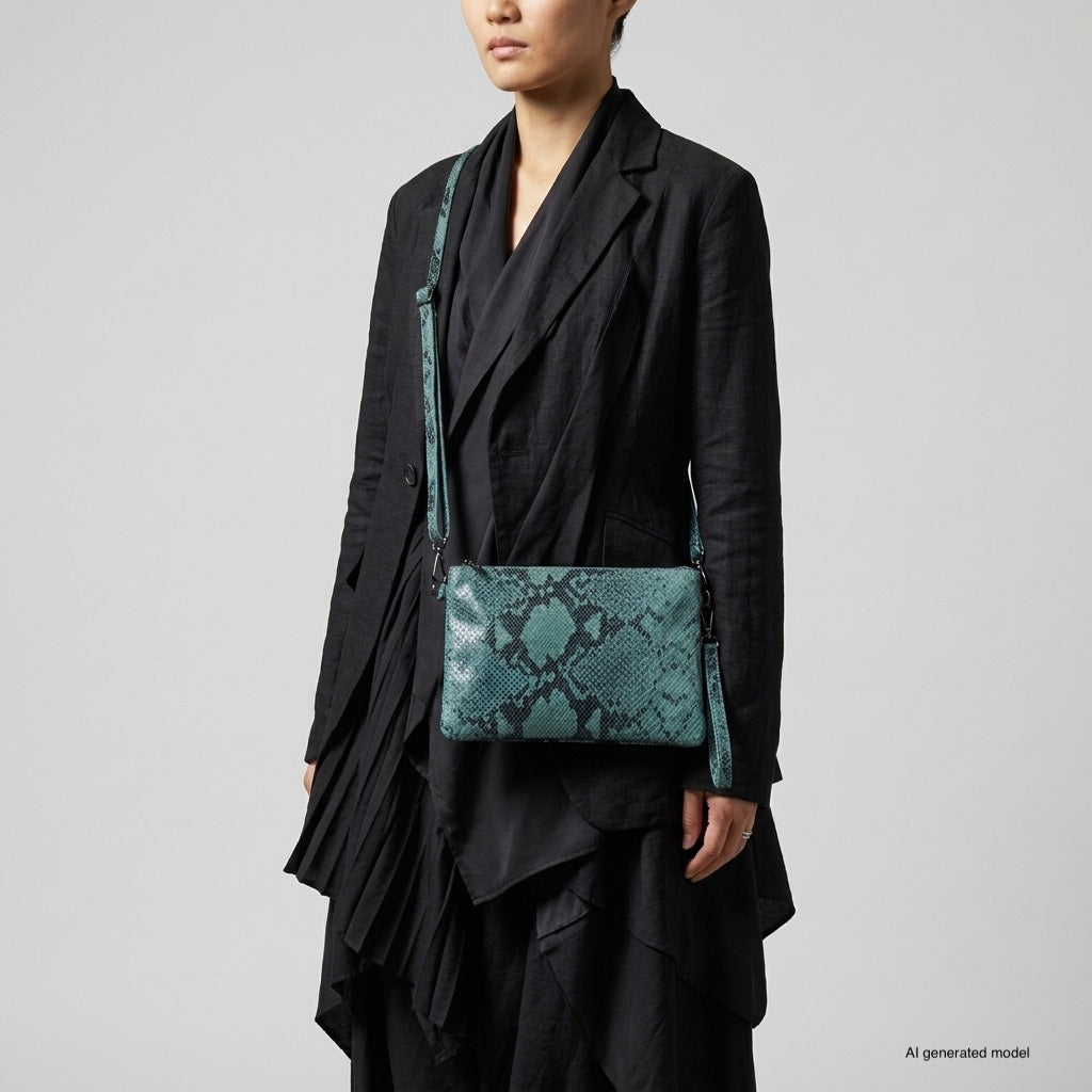 Italian Genuine Python-Print Suede Crossbody Wristlet