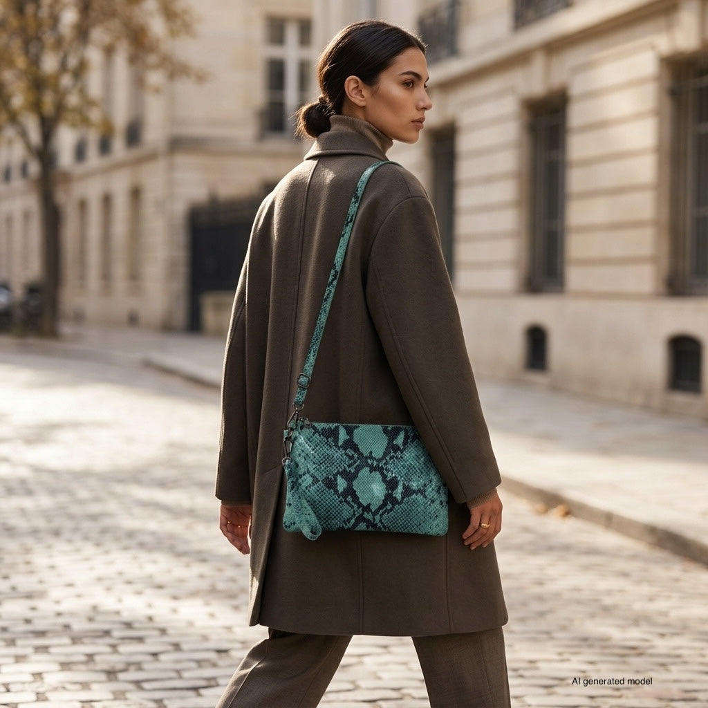 Italian Genuine Python-Print Suede Crossbody Wristlet