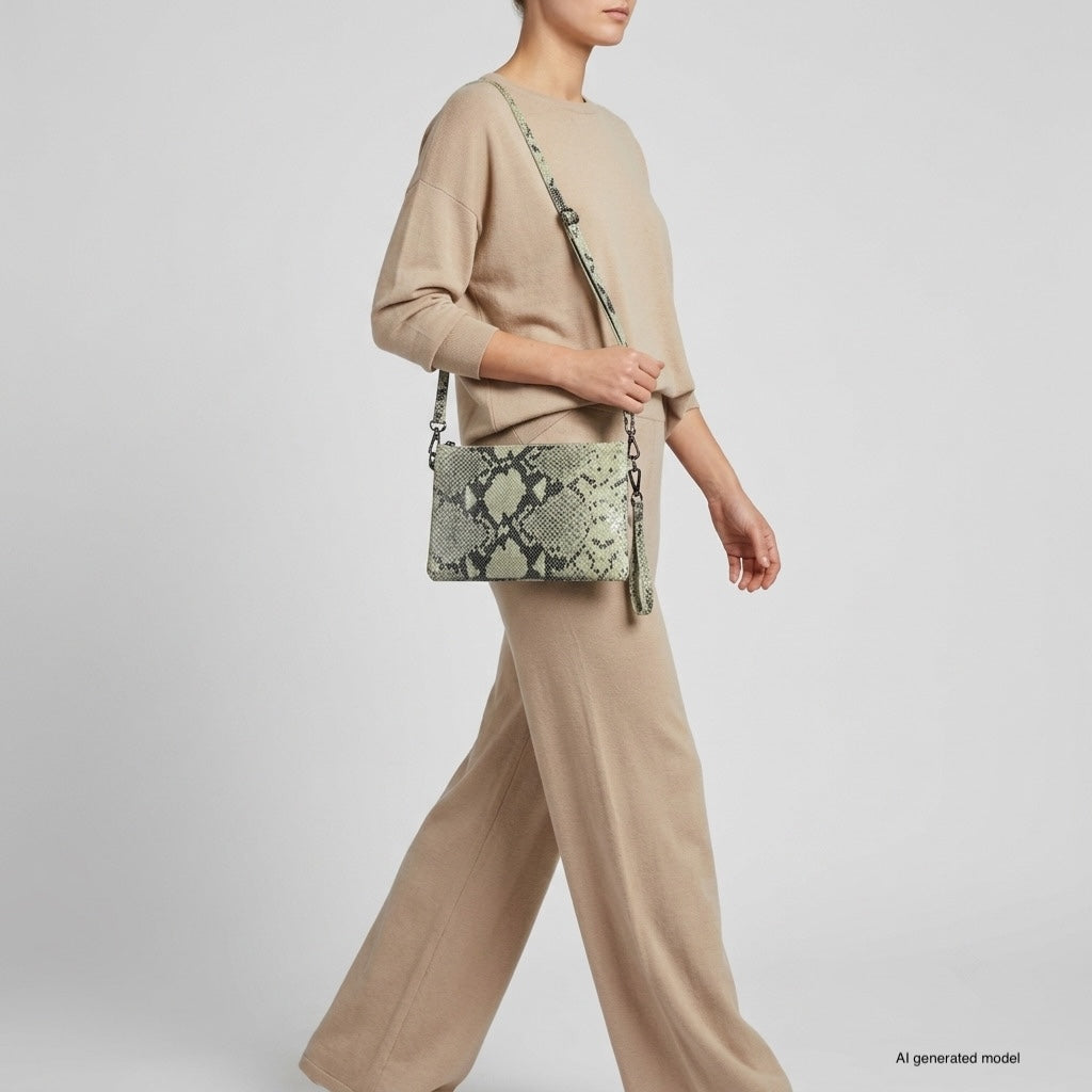Italian Genuine Python-Print Suede Crossbody Wristlet