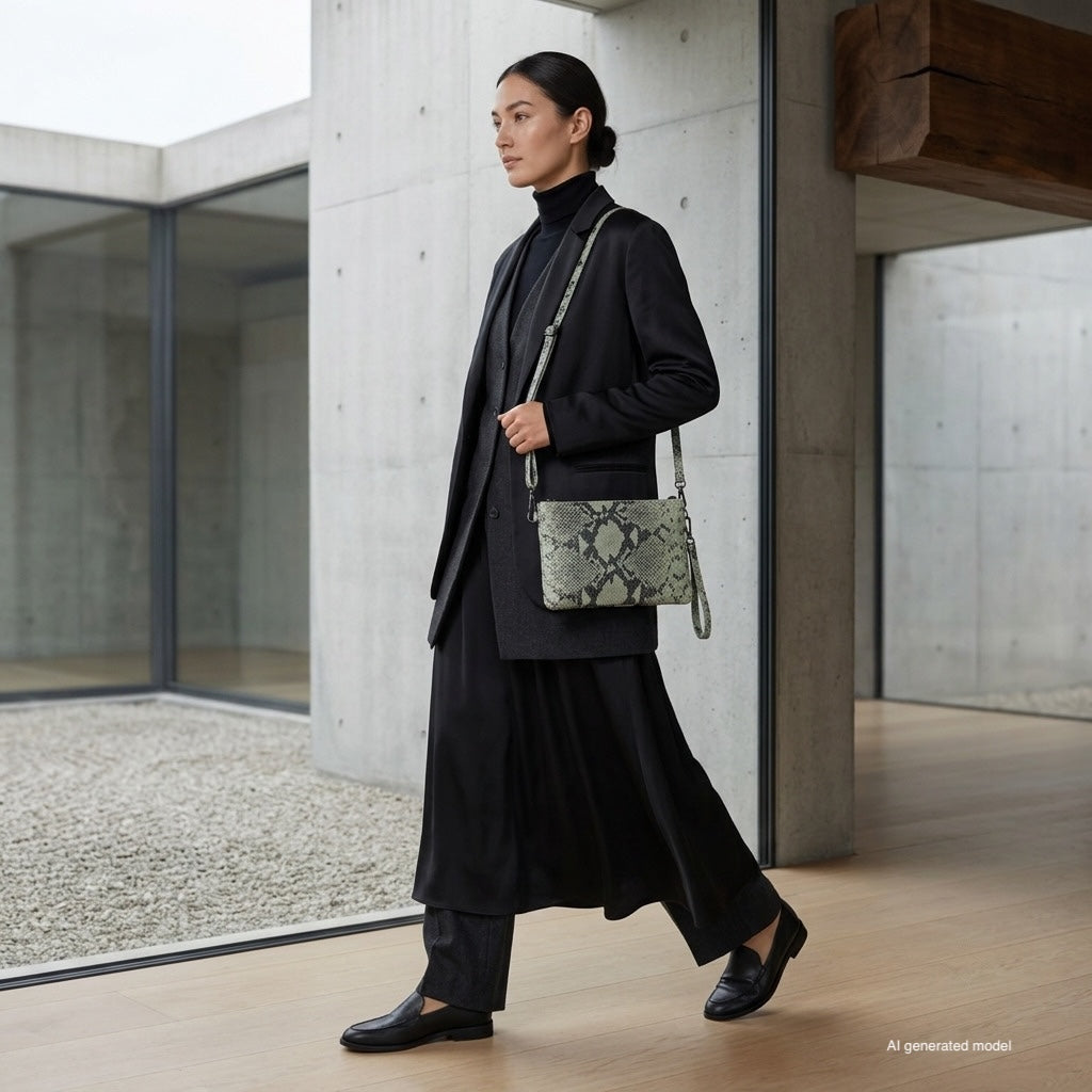 Italian Genuine Python-Print Suede Crossbody Wristlet