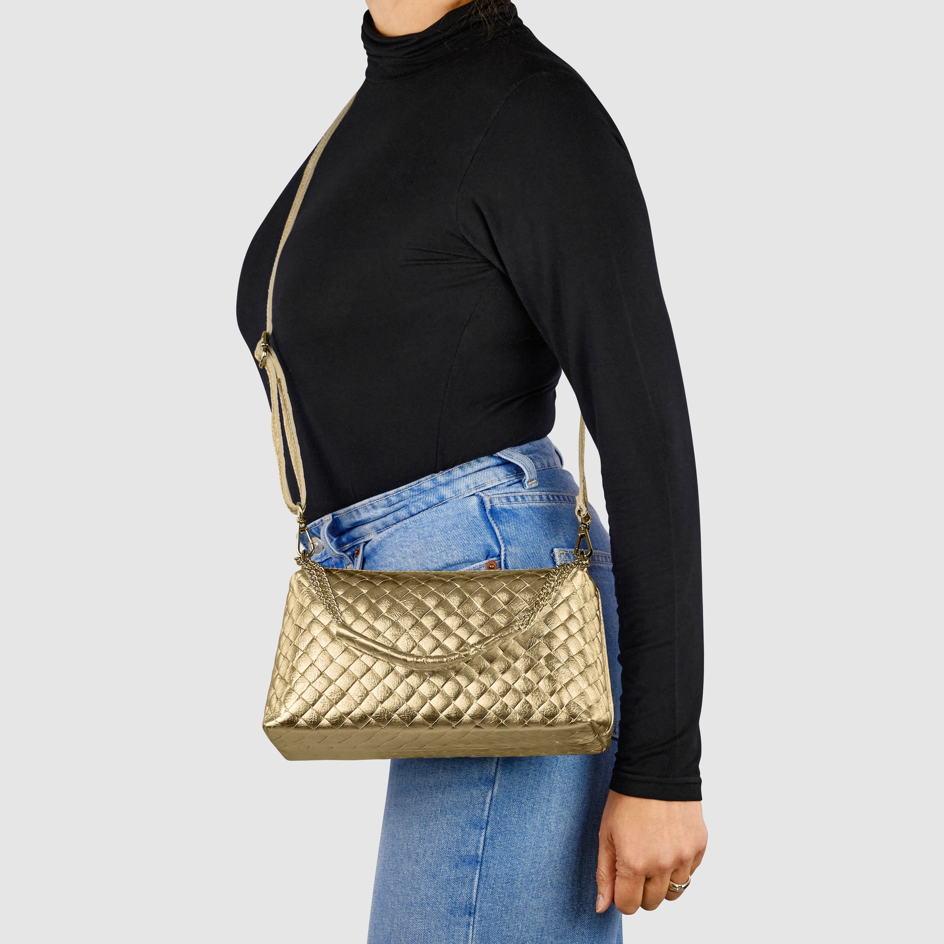 Italian Genuine Weave Metallic Suede Crossbody Bag