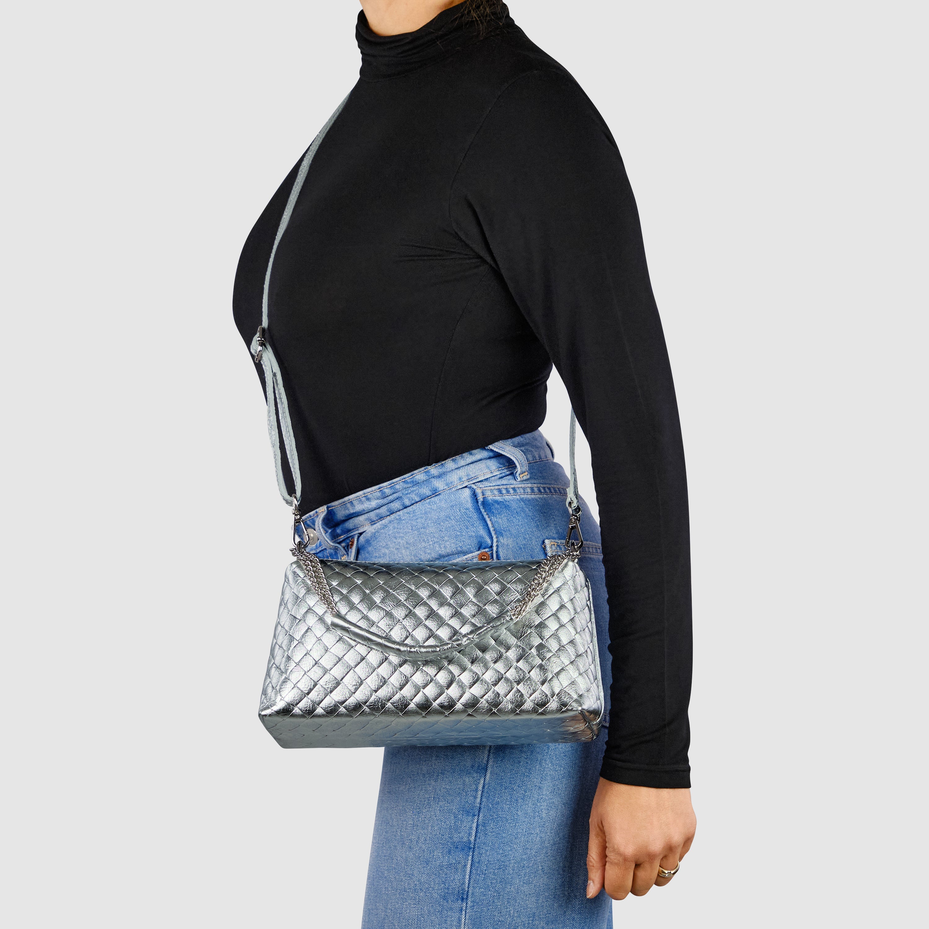 Italian Genuine Weave Metallic Suede Crossbody Bag