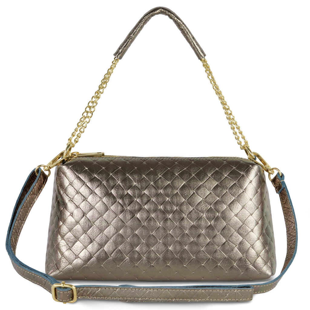 Metallic suede weave crossbody bag with chain handle and zip compartments.
