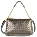 Metallic suede weave crossbody bag with chain handle and zip compartments.
