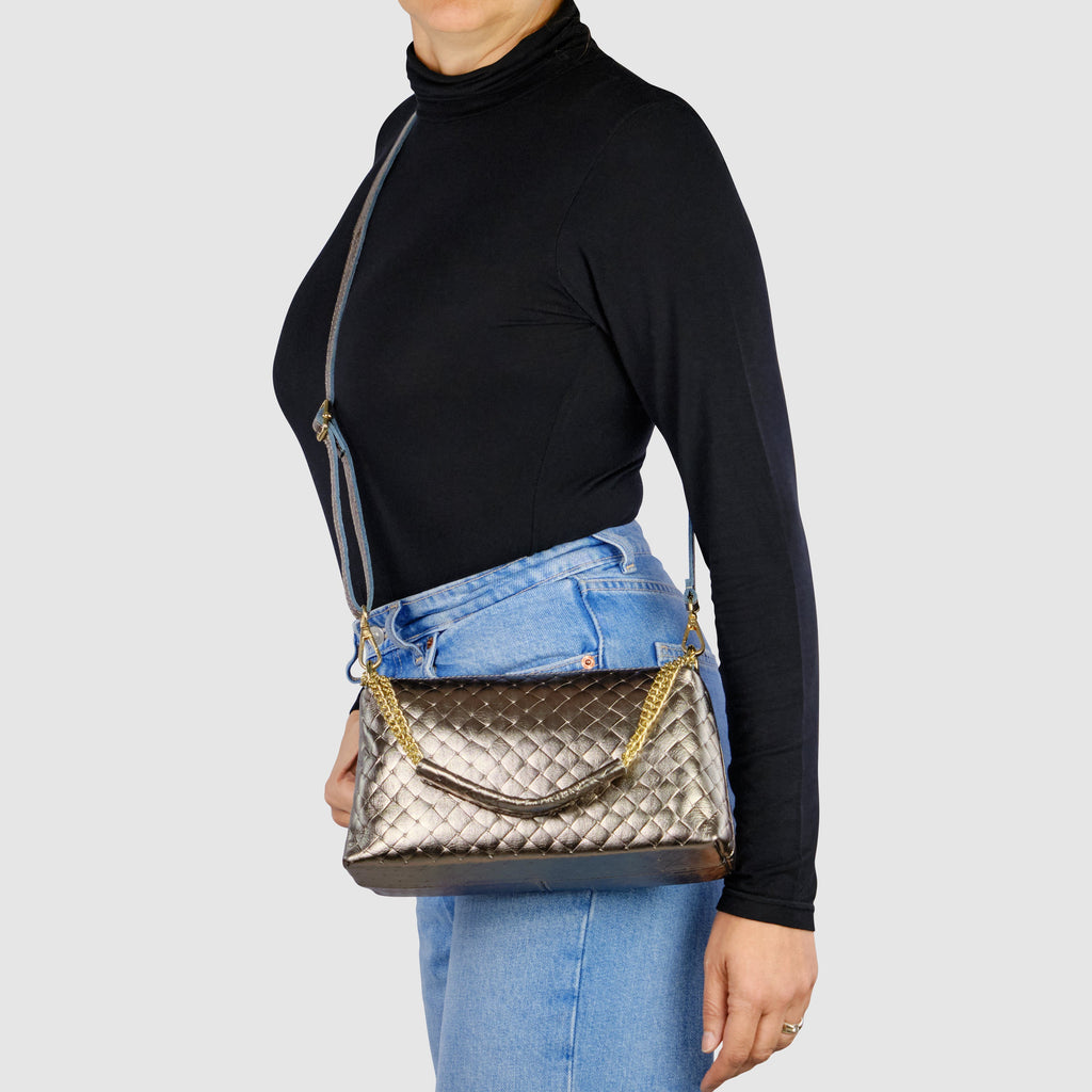 Italian Genuine Weave Metallic Suede Crossbody Bag