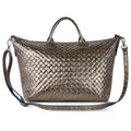 Metallic bronze Italian suede weave top-handle bag with zip closure