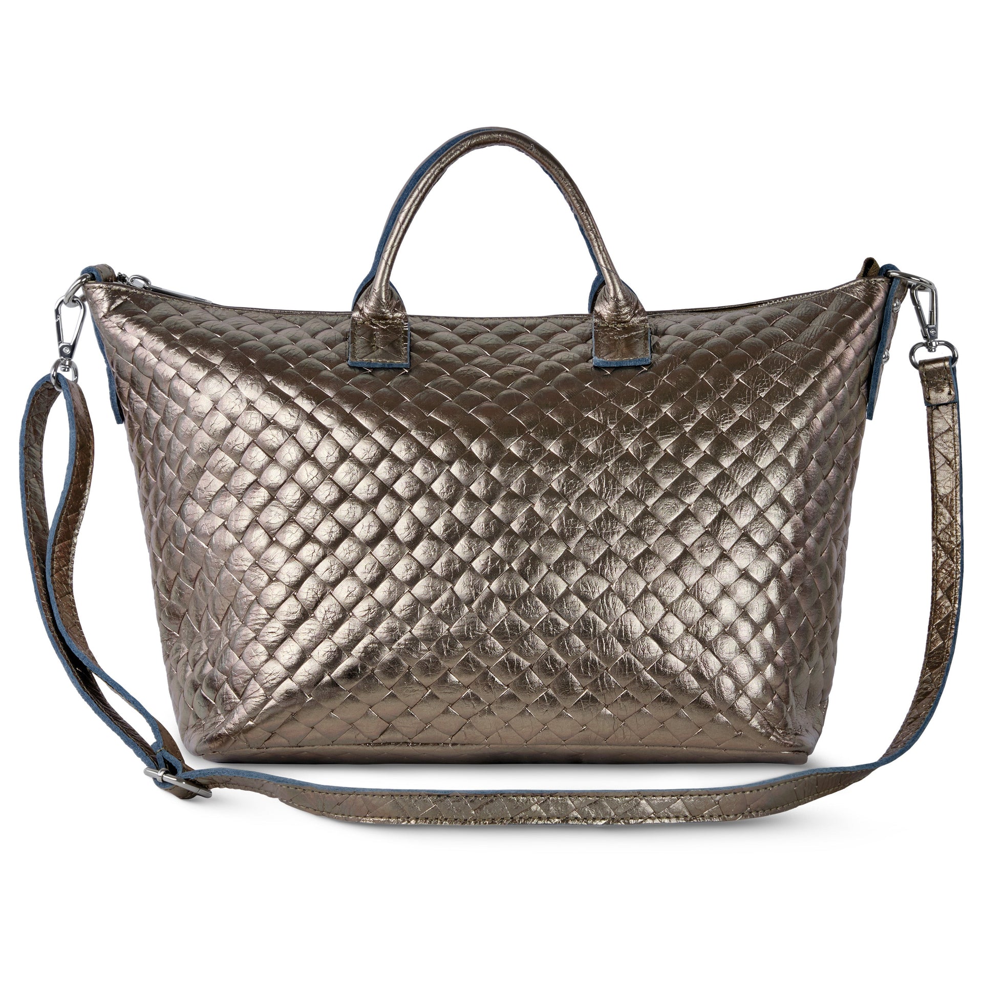 Metallic bronze Italian suede weave top-handle bag with zip closure