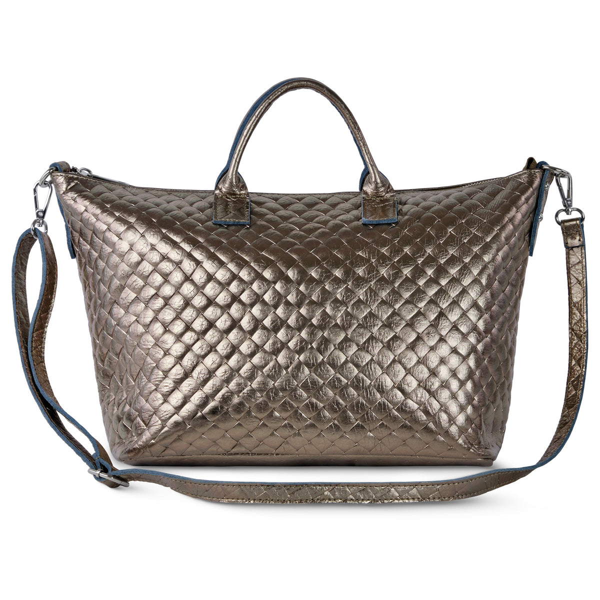 Metallic bronze Italian suede weave top-handle bag with zip closure