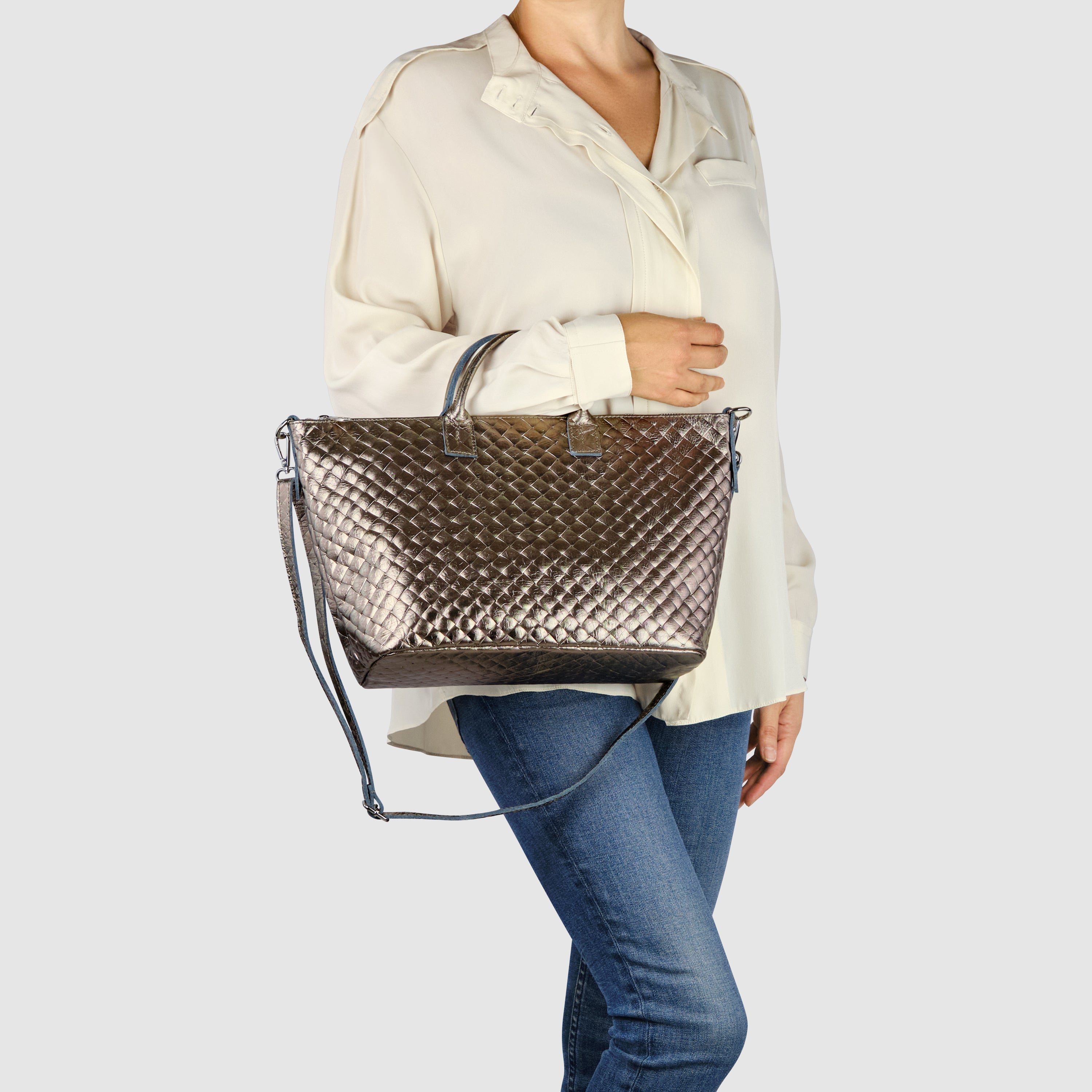 Italian Metallic Suede Weave Top-Handle Handbag