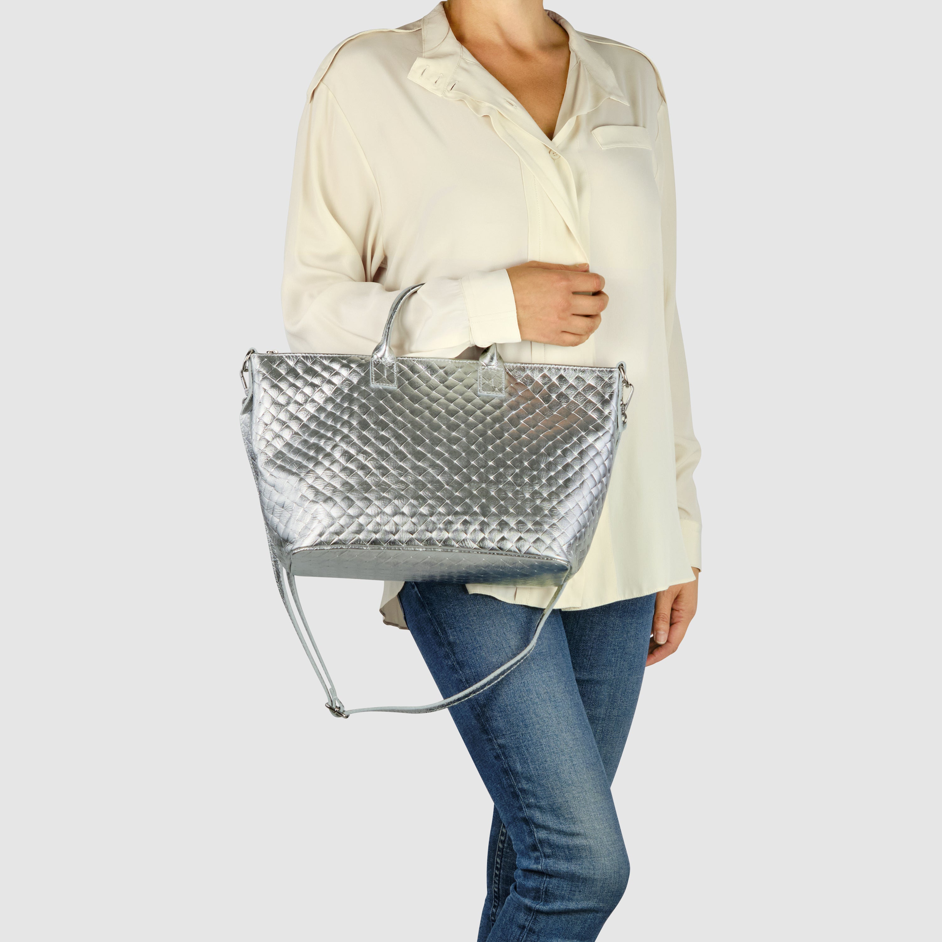 Italian Metallic Suede Weave Top-Handle Handbag
