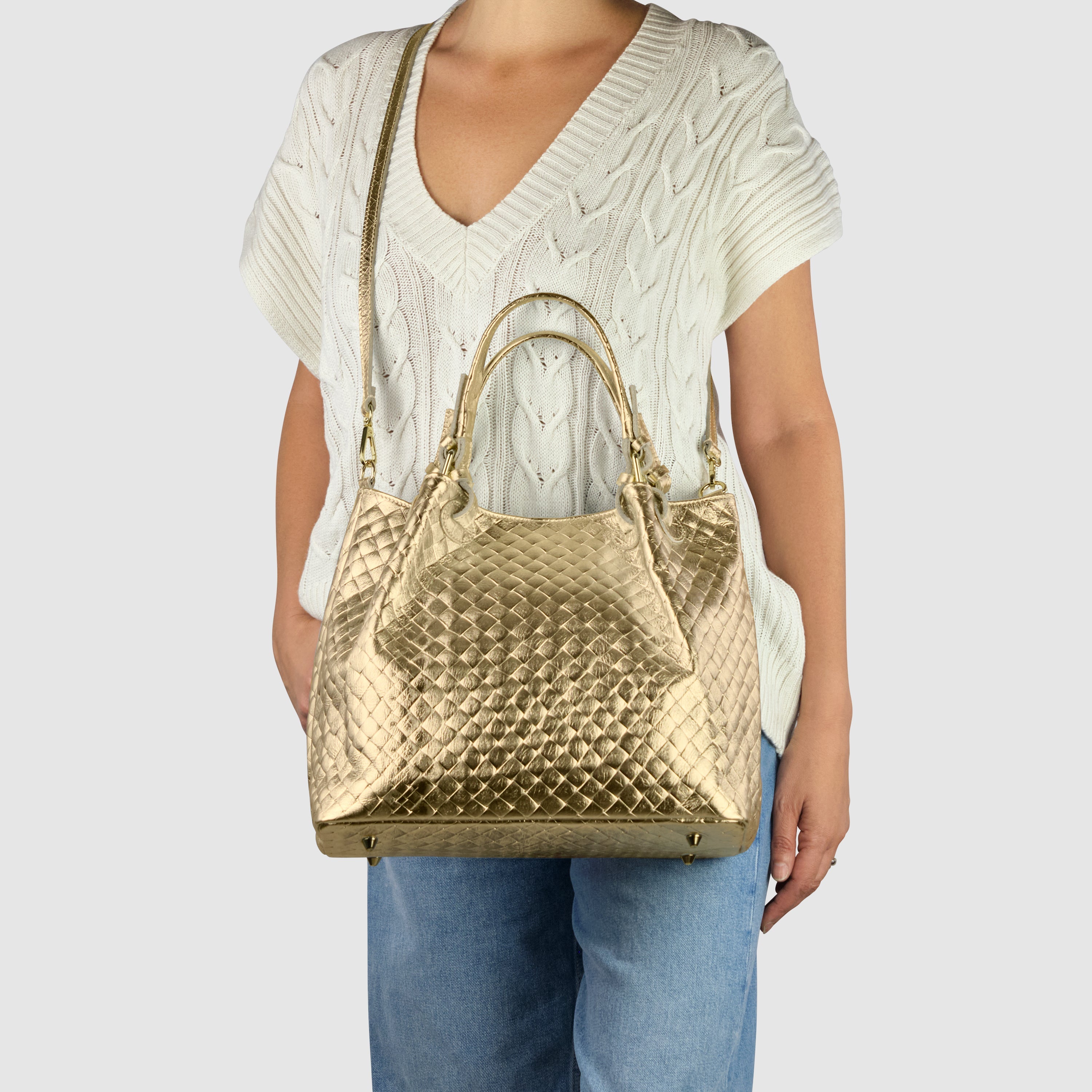 Italian Metallic Bronze Weave Suede Top-Handle Bag