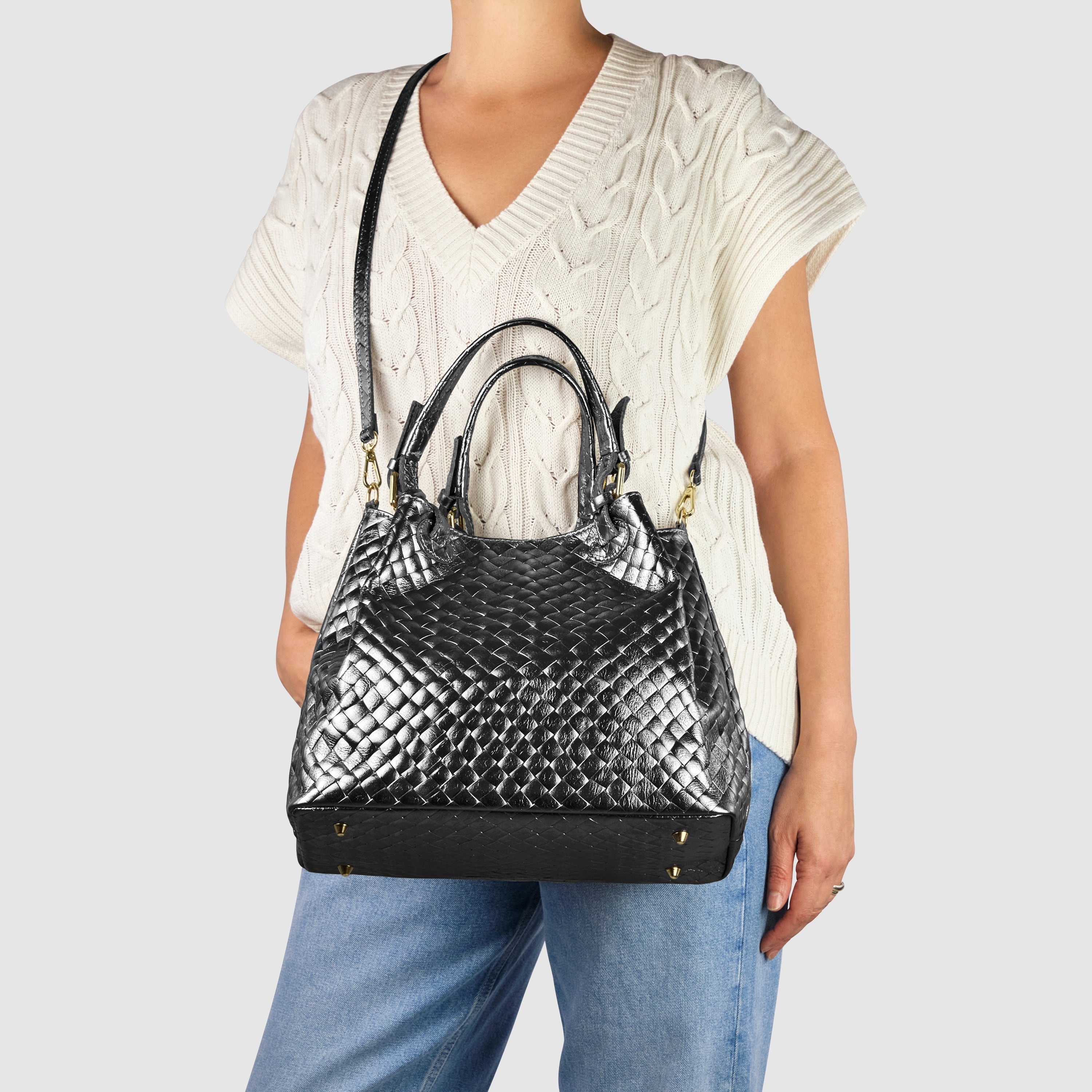 Italian Metallic Bronze Weave Suede Top-Handle Bag