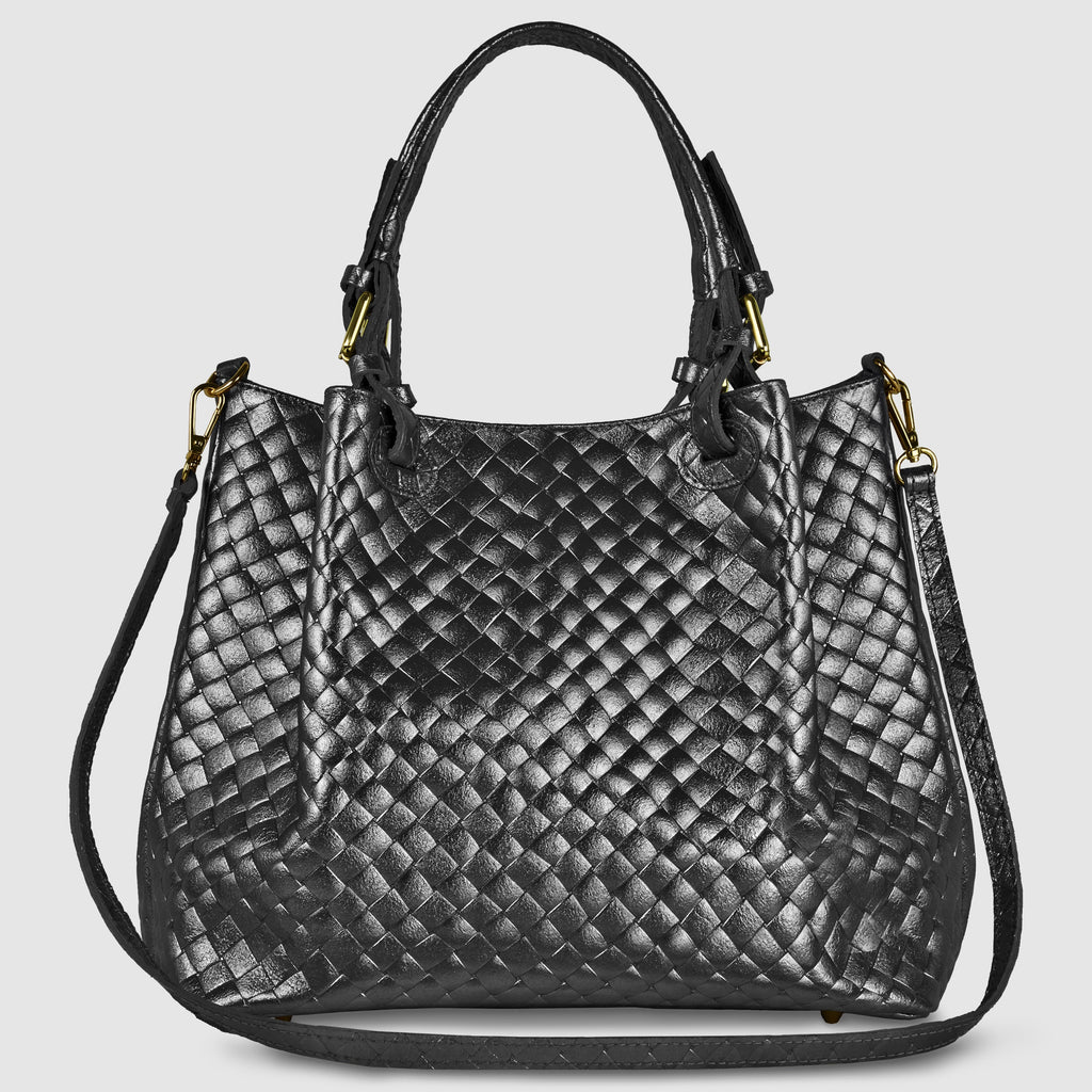 Italian Metallic Bronze Weave Suede Top-Handle Bag