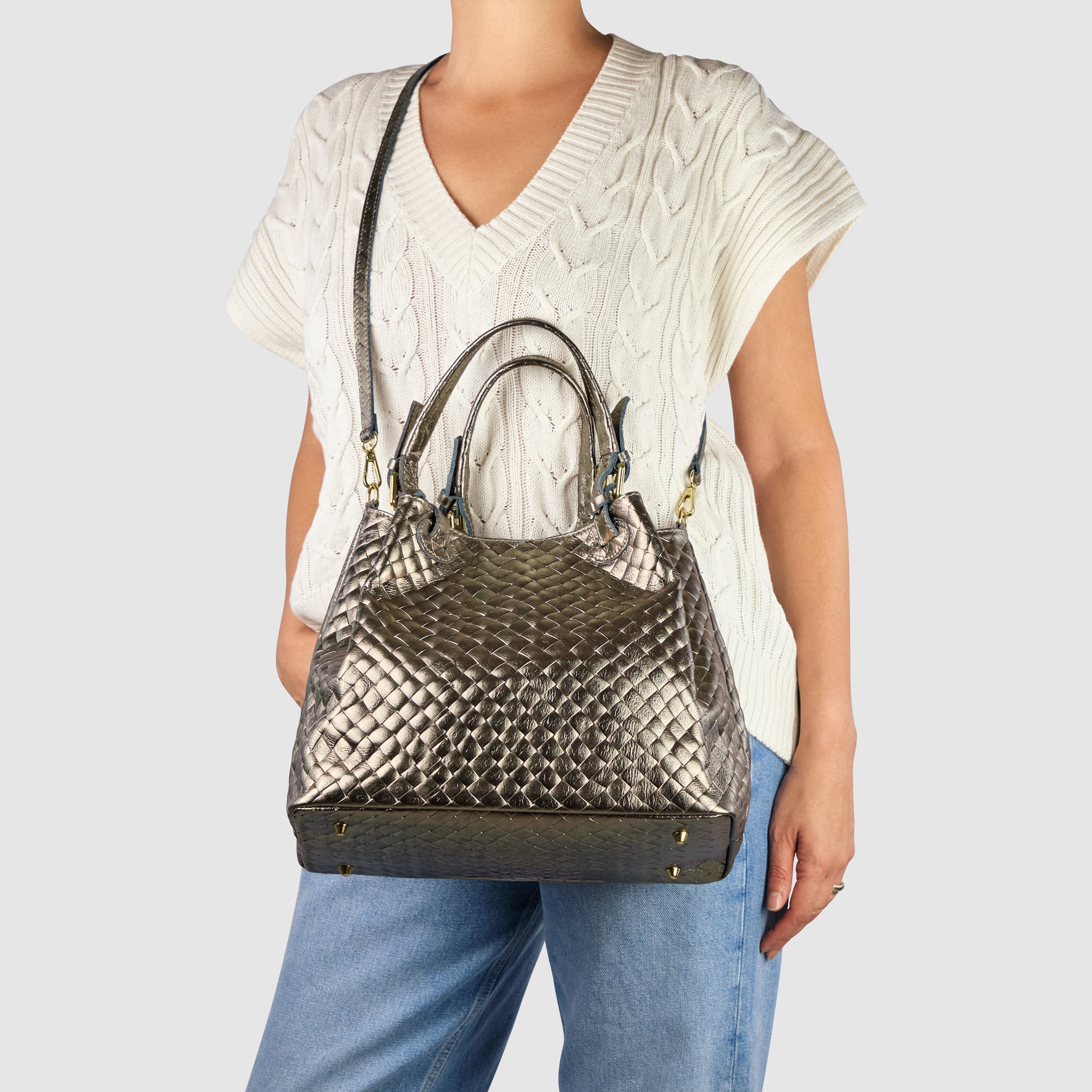 Italian Metallic Bronze Weave Suede Top-Handle Bag