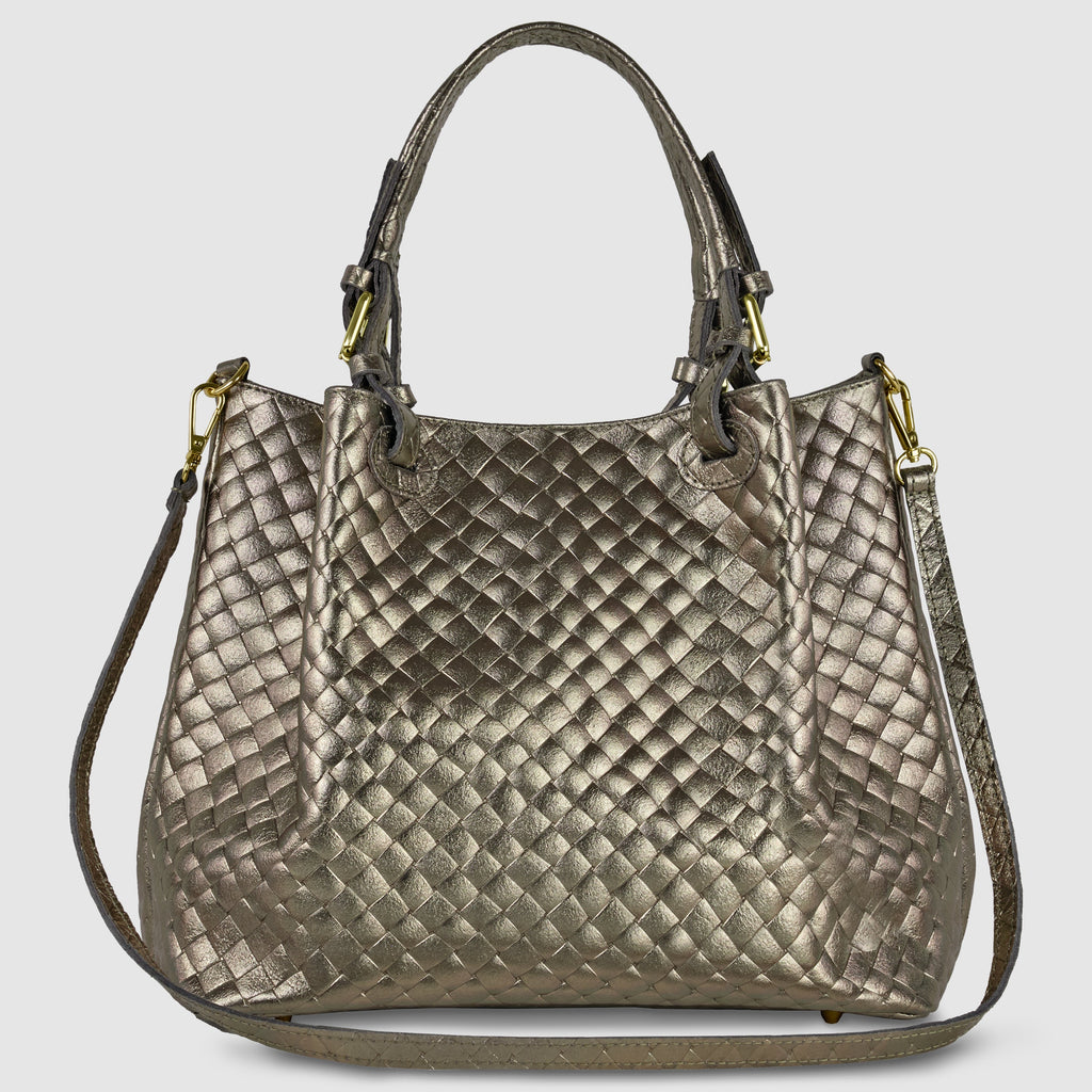 Italian Metallic Bronze Weave Suede Top-Handle Bag