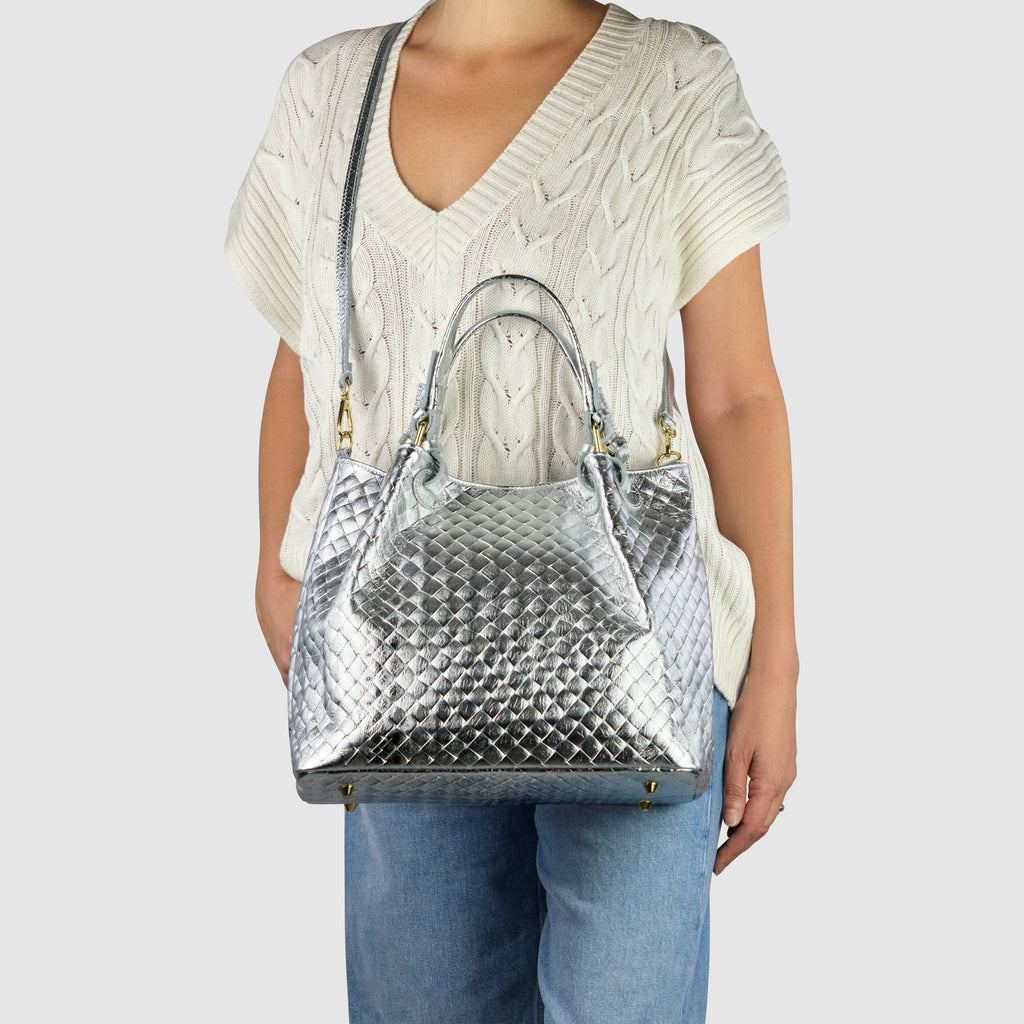 Italian Metallic Bronze Weave Suede Top-Handle Bag