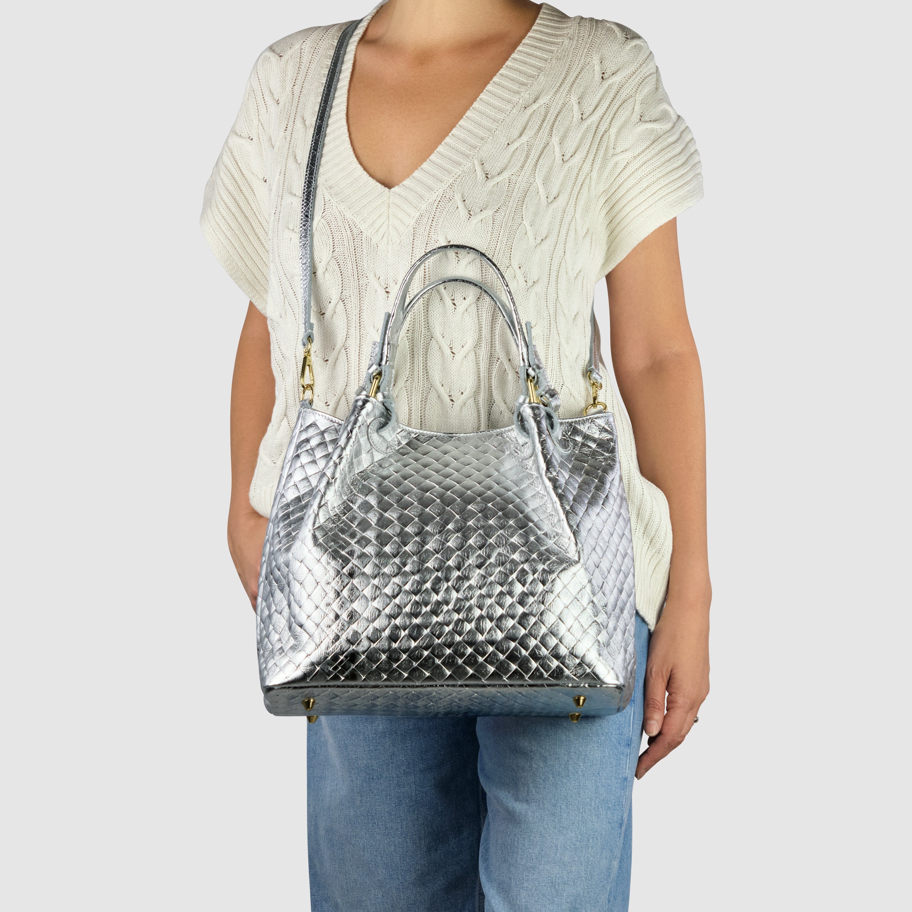 Italian Metallic Bronze Weave Suede Top-Handle Bag