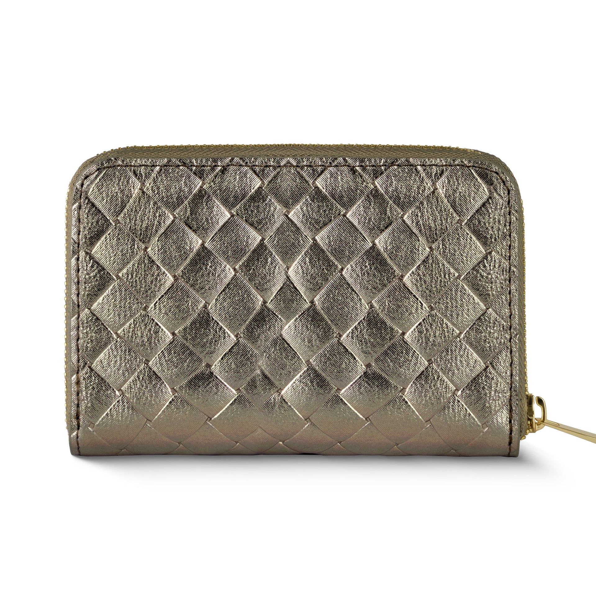 Woven metallic suede zip-around wallet by TAKEASY in gold and black