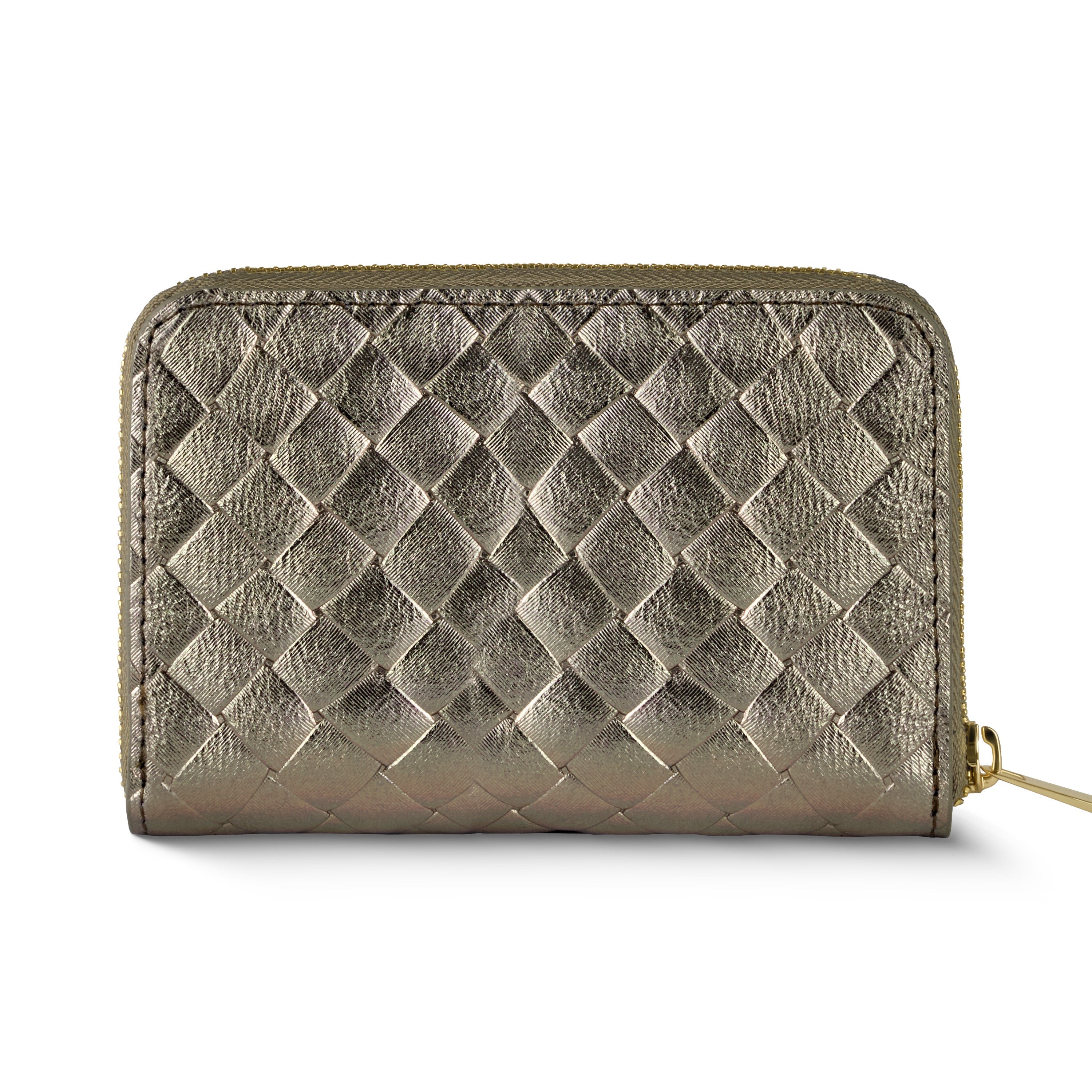 Woven metallic suede zip-around wallet by TAKEASY in gold and black