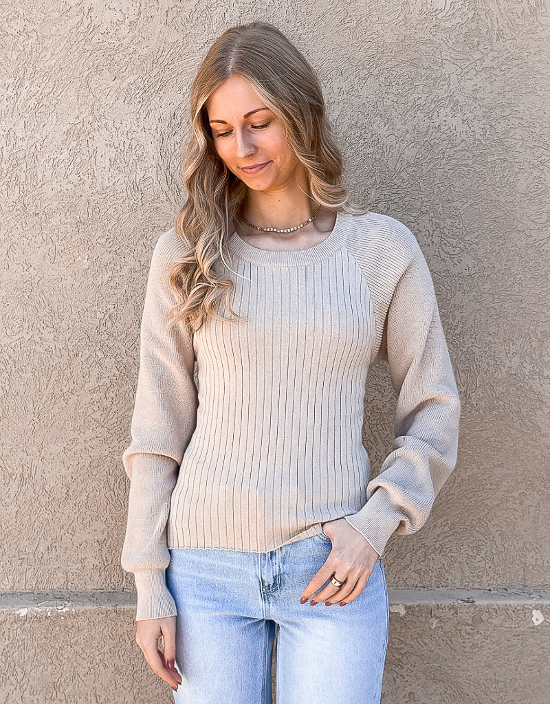 Long Sleeve Ribbed Open Back Sweater in Beige