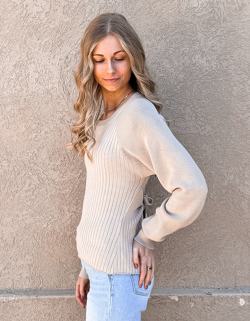 Long Sleeve Ribbed Open Back Sweater in Beige