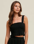 Close up of a black crinkle knit sleeveless tank top for women