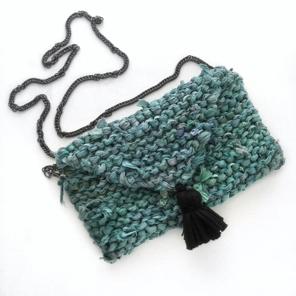 Bohemian Sari Silk Tasseled Clutch Pattern – Teal and Blue