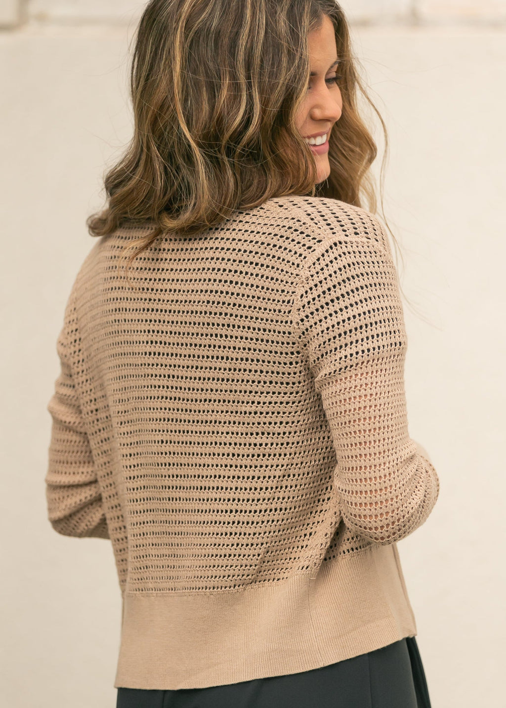 Tate Crochet Open Knit Cardigan in Beige