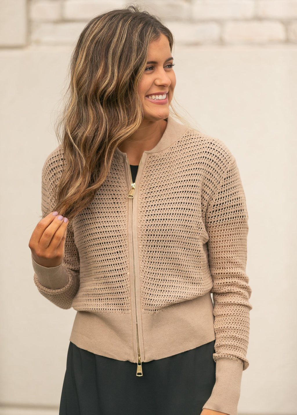 Tate Crochet Open Knit Cardigan in Beige